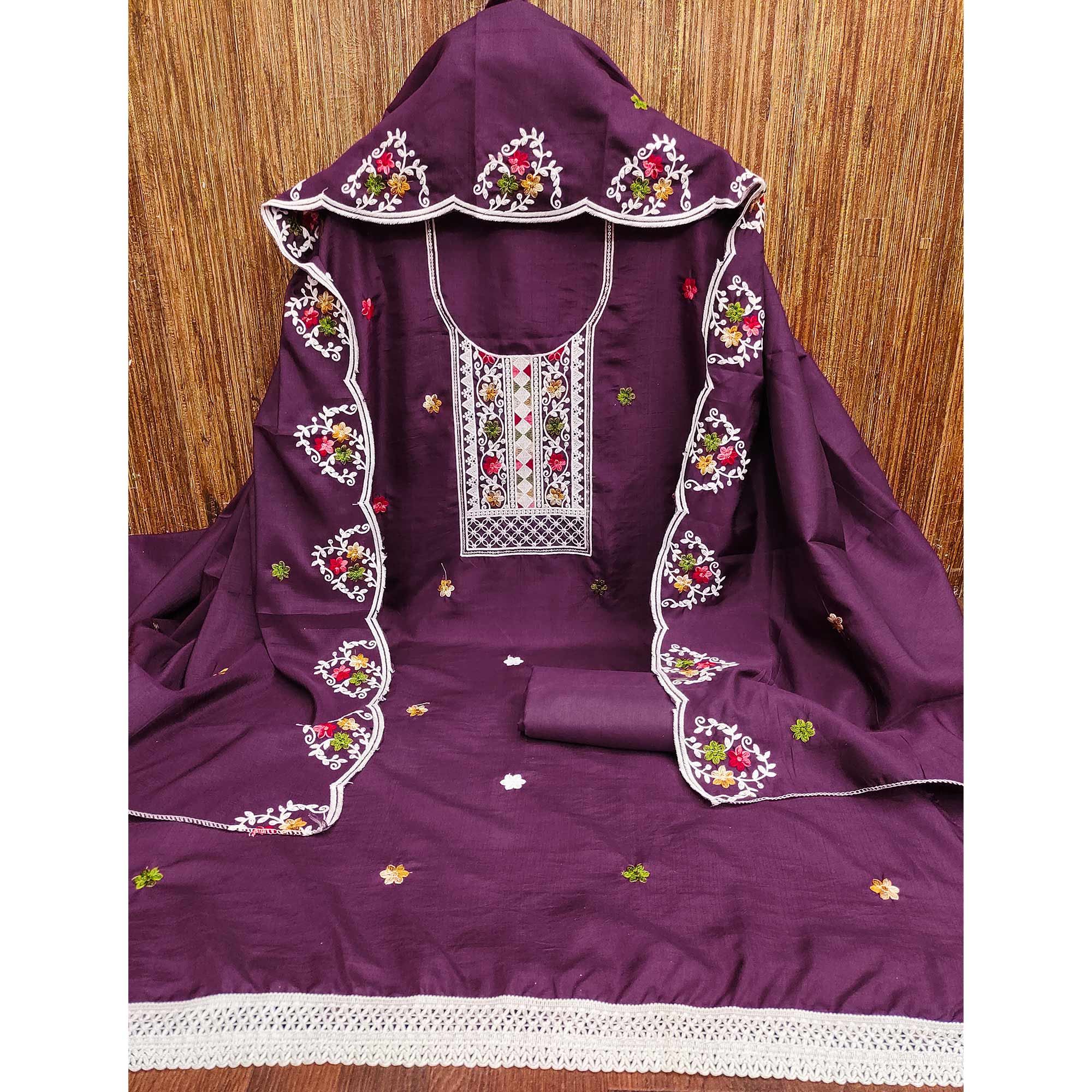 Luxurious Wine Floral Sequin Embroidered Cotton Blend Dress Material