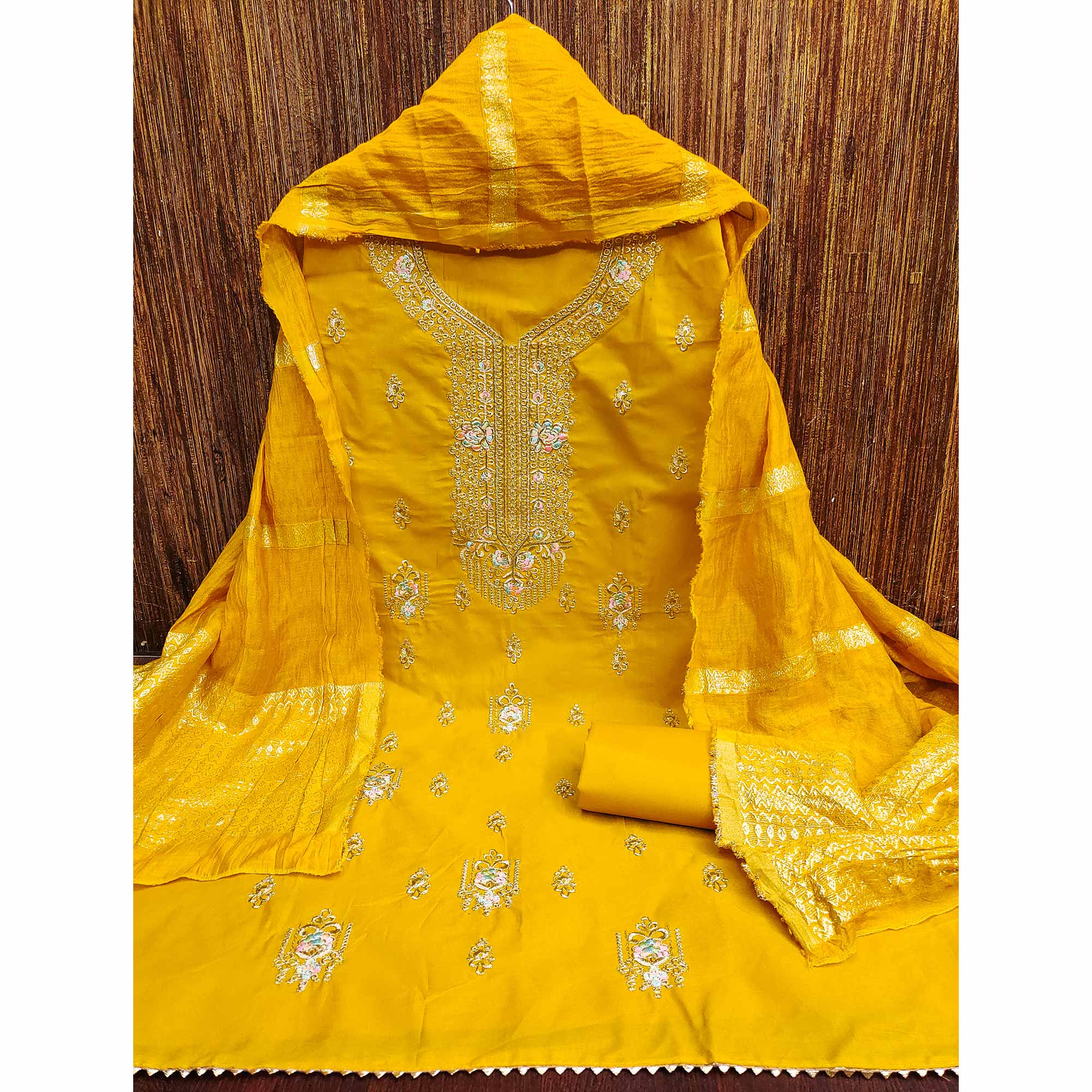 Mustard Pure Cotton Dress Material with Elegant Embroidery