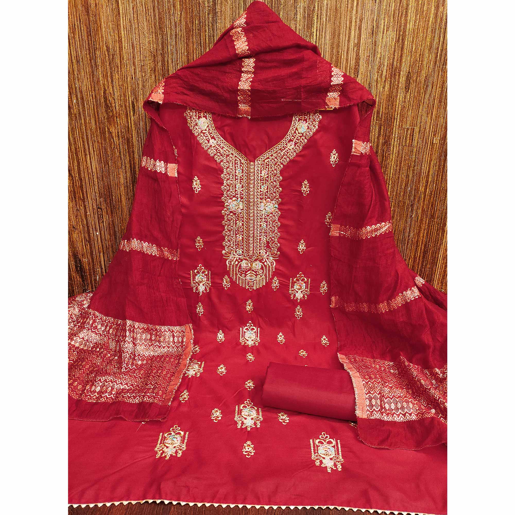 Red Pure Cotton Dress Material with Elegant Embroidery
