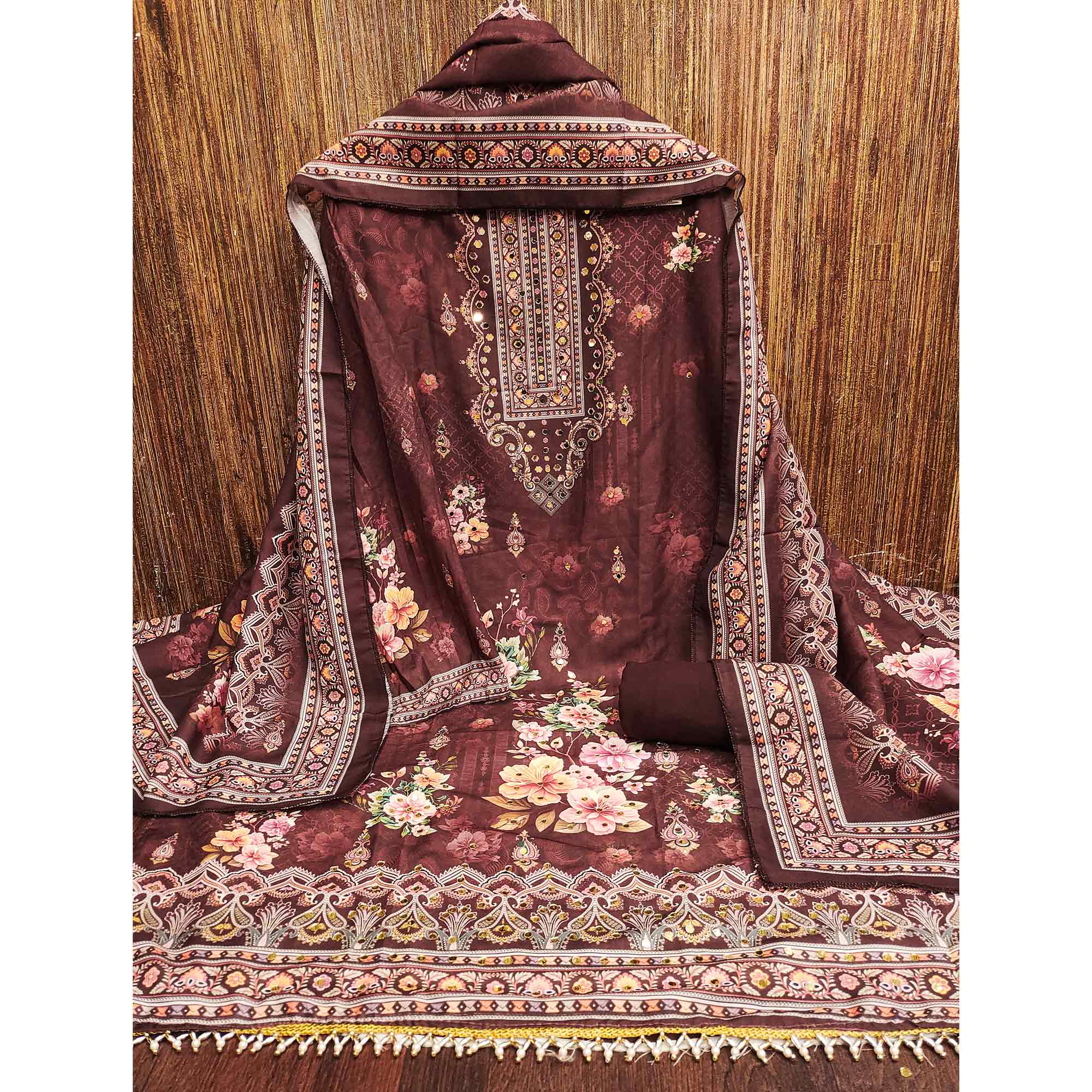 Maroon Muslin Suit Fabric Featuring Floral Print & Stone Highlights