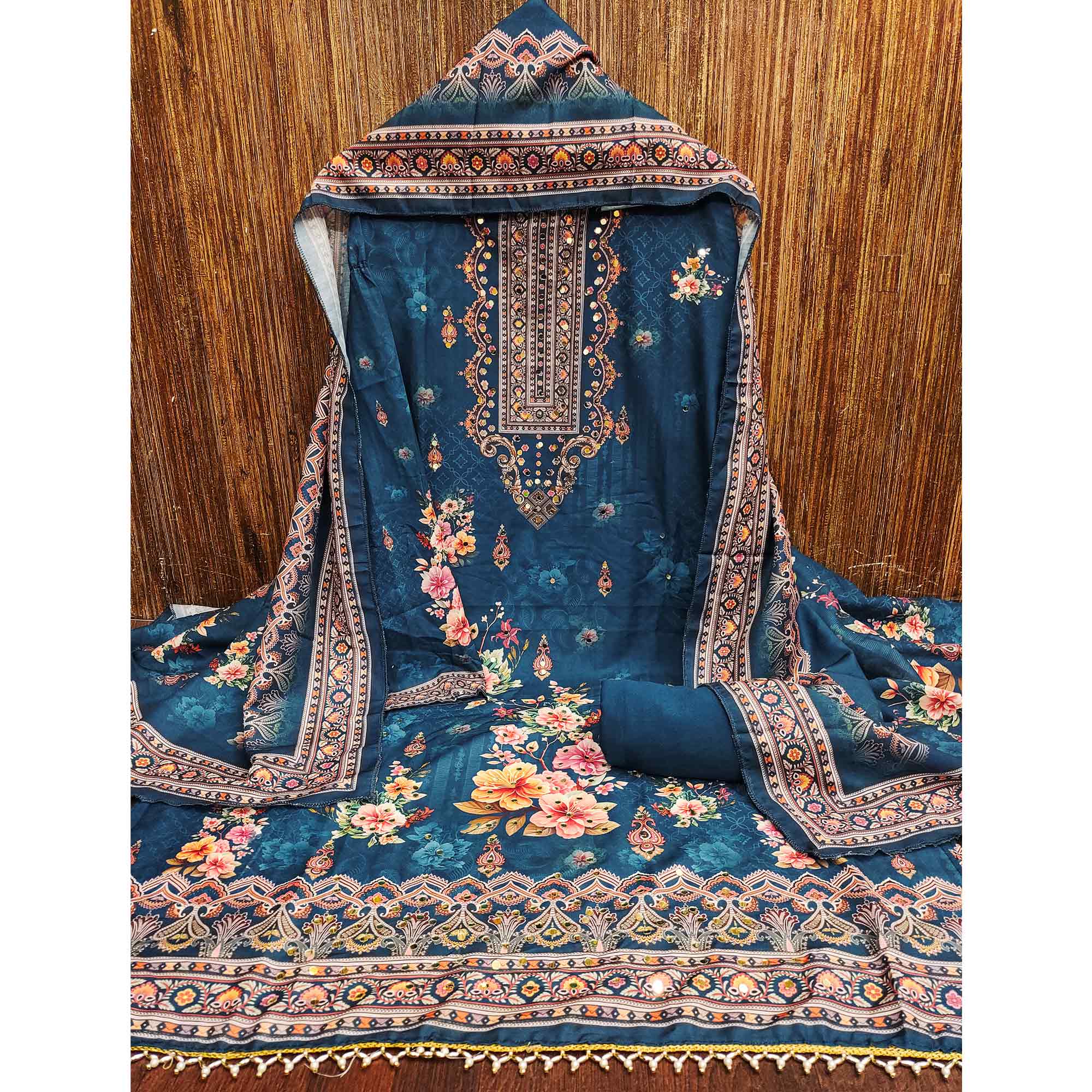 Teal Muslin Suit Fabric Featuring Floral Print & Stone Highlights