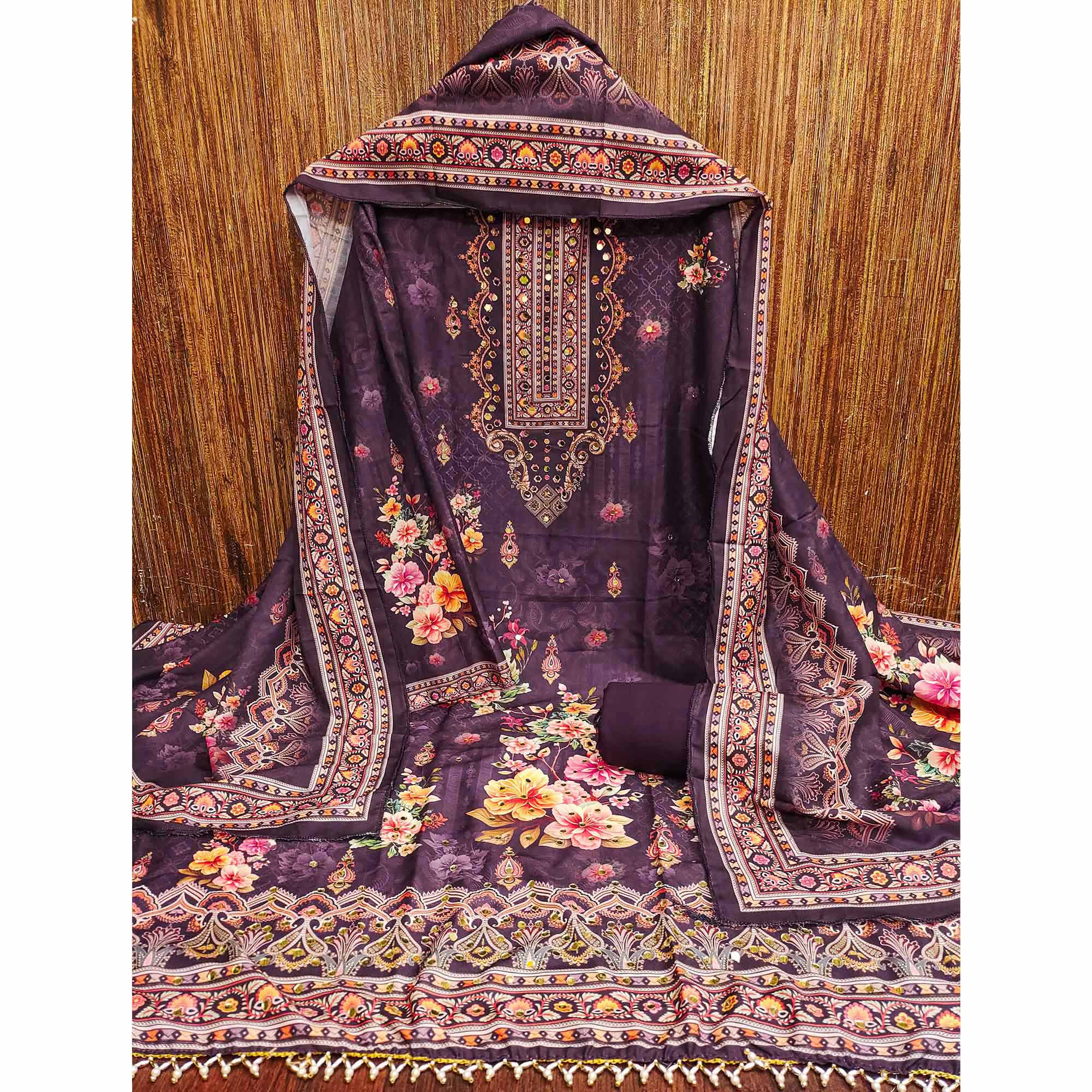 Wine Muslin Suit Fabric Featuring Floral Print & Stone Highlights