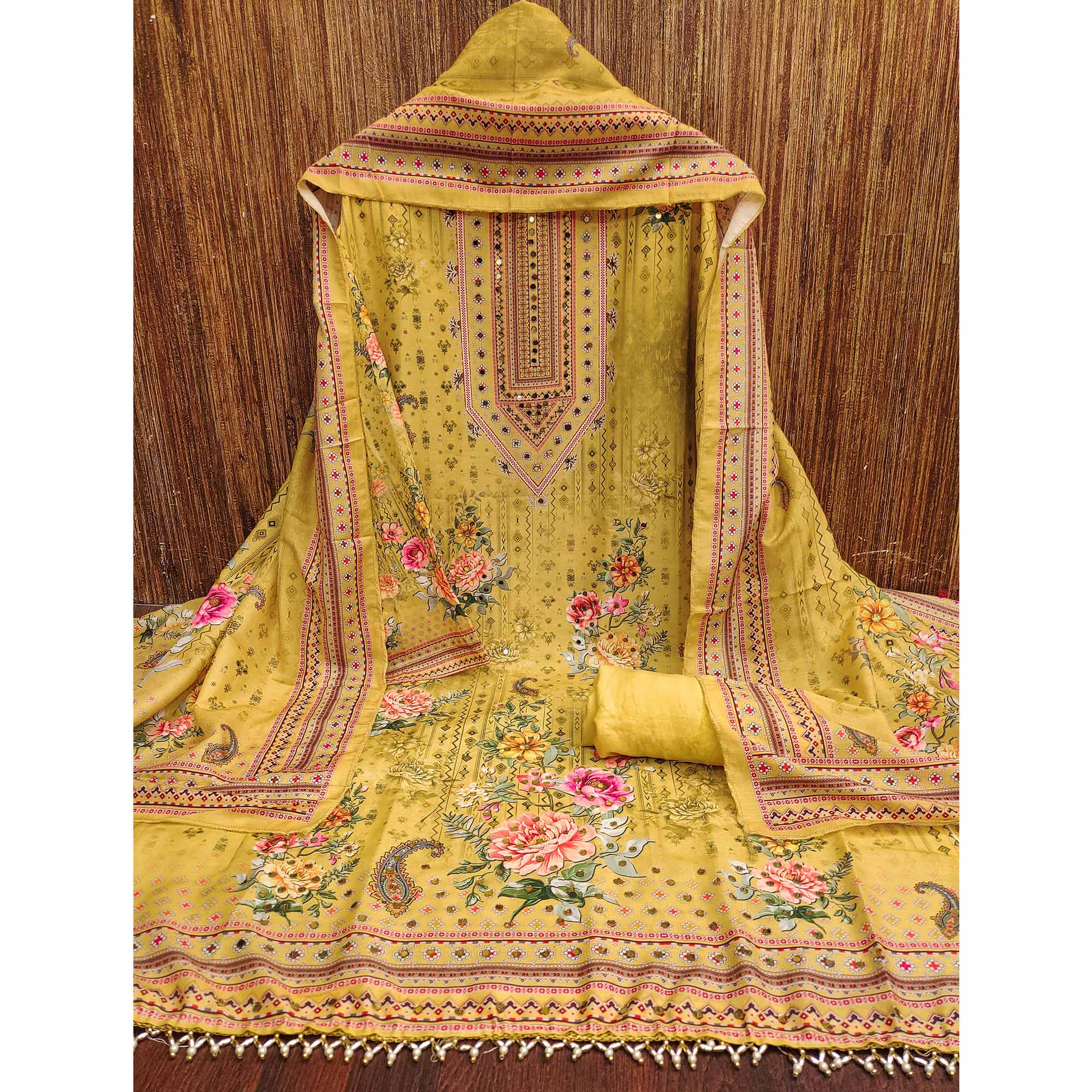 Mustard Dress Material in Muslin with Delicate Mirror Highlights