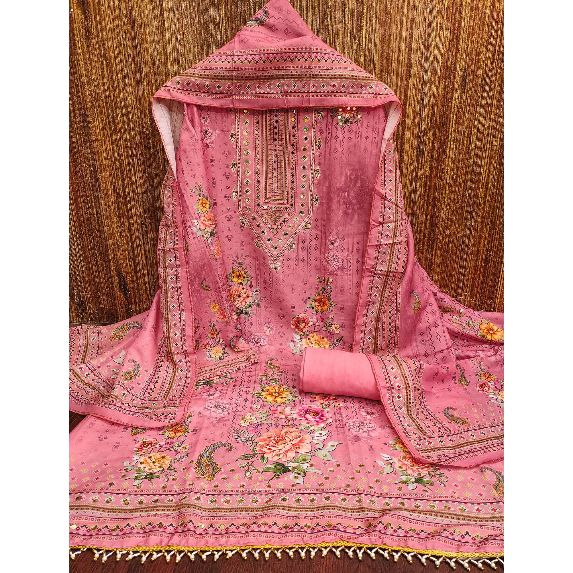 Pink Dress Material in Muslin with Delicate Mirror Highlights