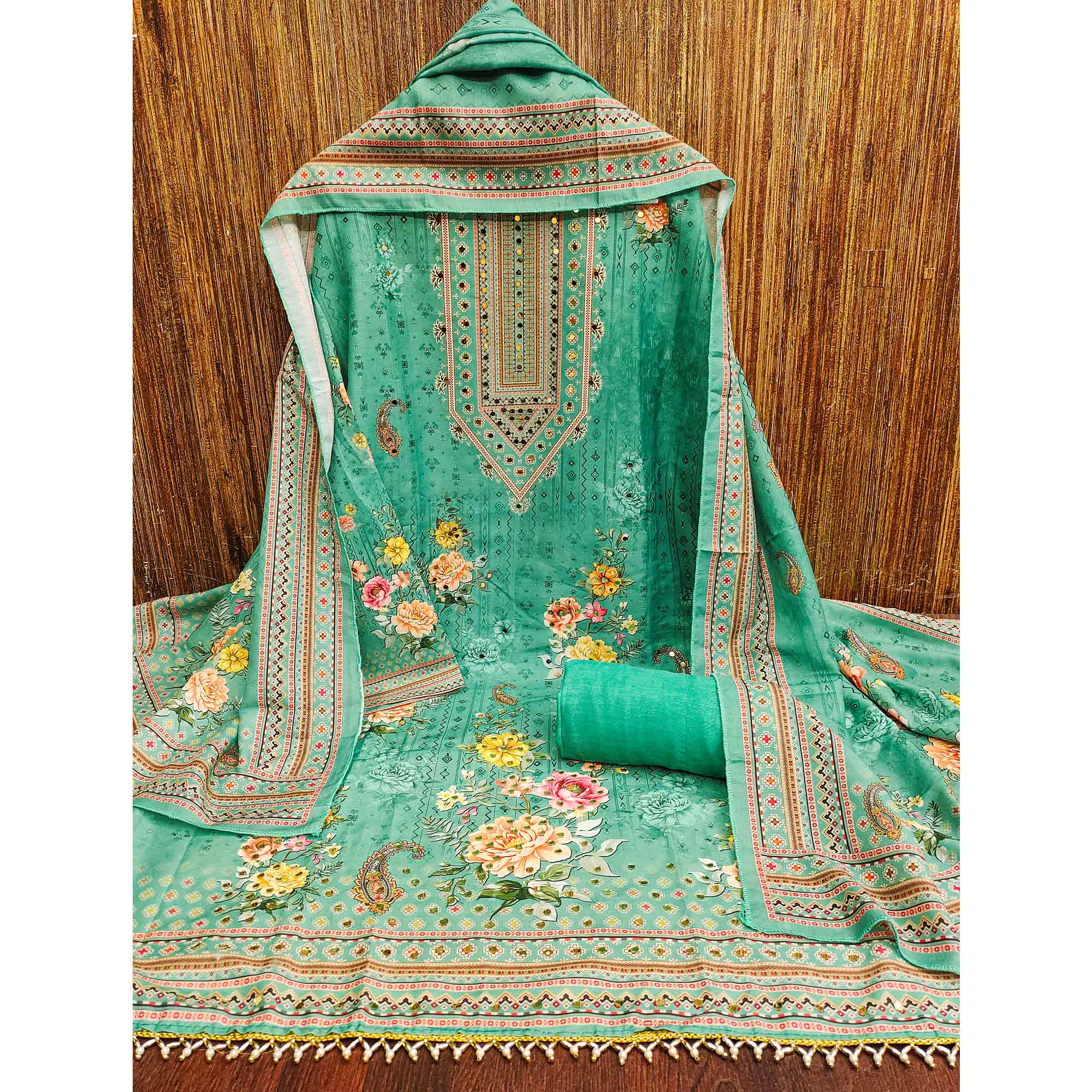 Sea Green Dress Material in Muslin with Delicate Mirror Highlights