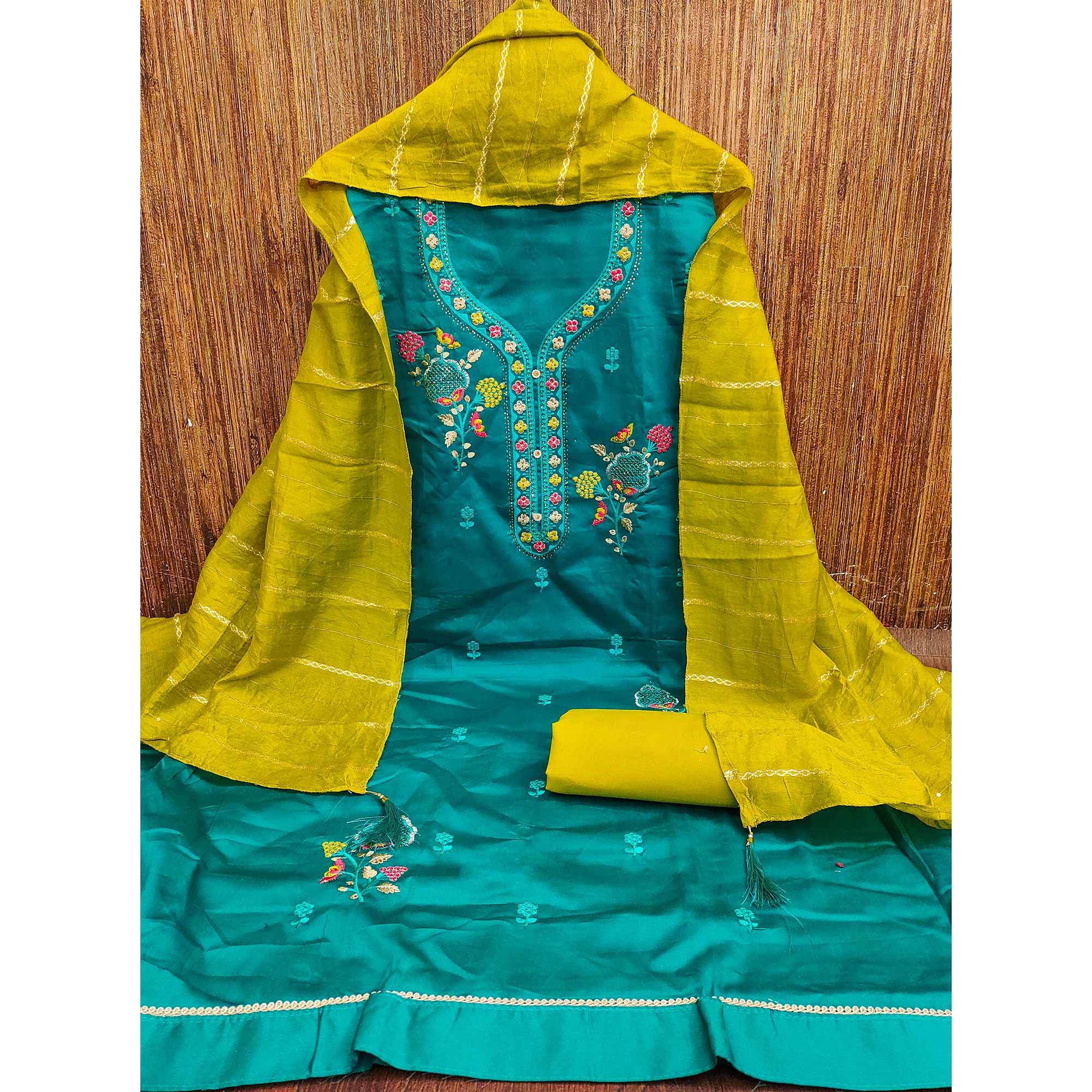 Elegant Teal Floral Embroidered Cotton Dress Fabric for Custom Stitching