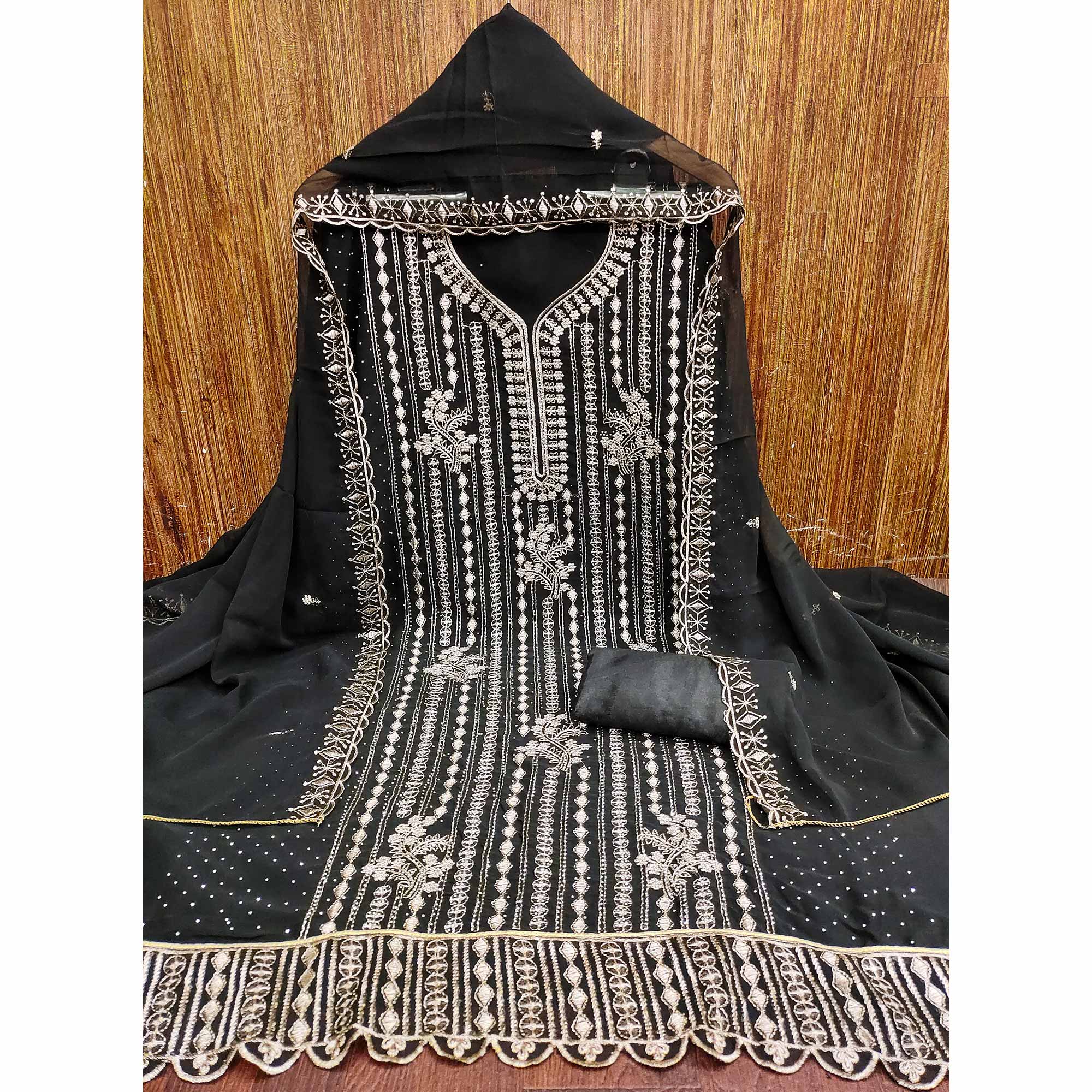 Black Georgette Dress Material with Opulent Threadwork