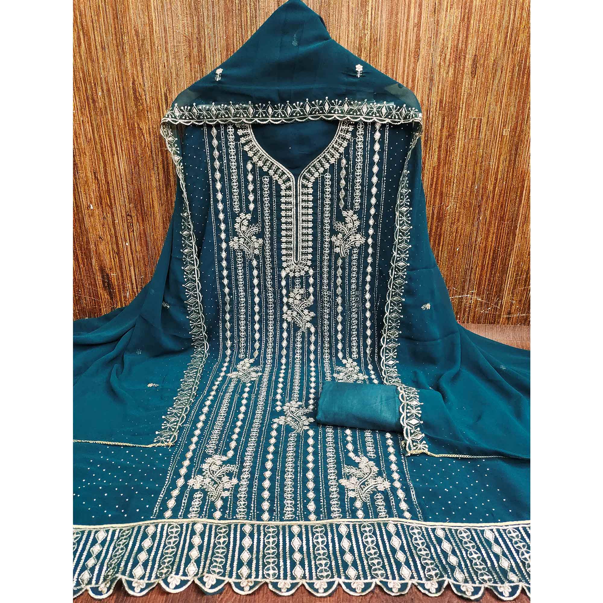 Teal Georgette Dress Material with Opulent Threadwork