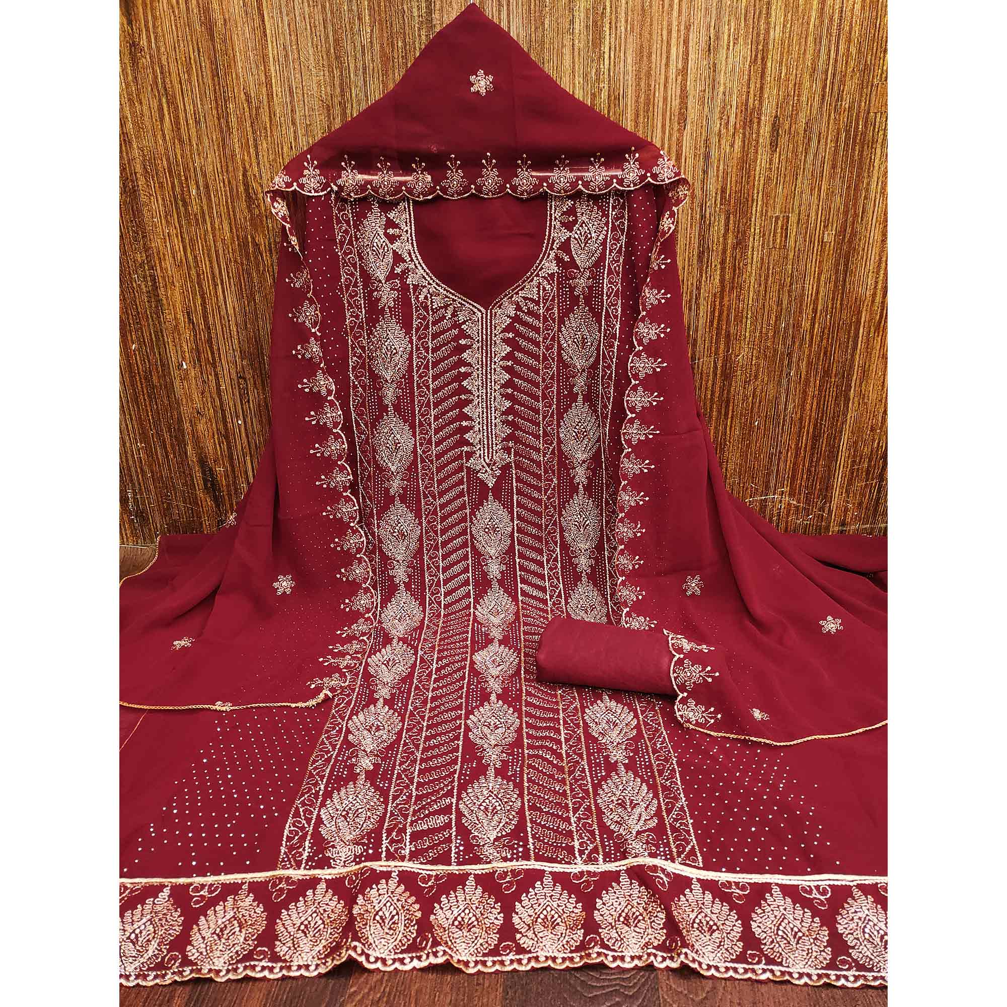 Heavy Thread Embroidered Maroon Georgette Unstitched Suit Material