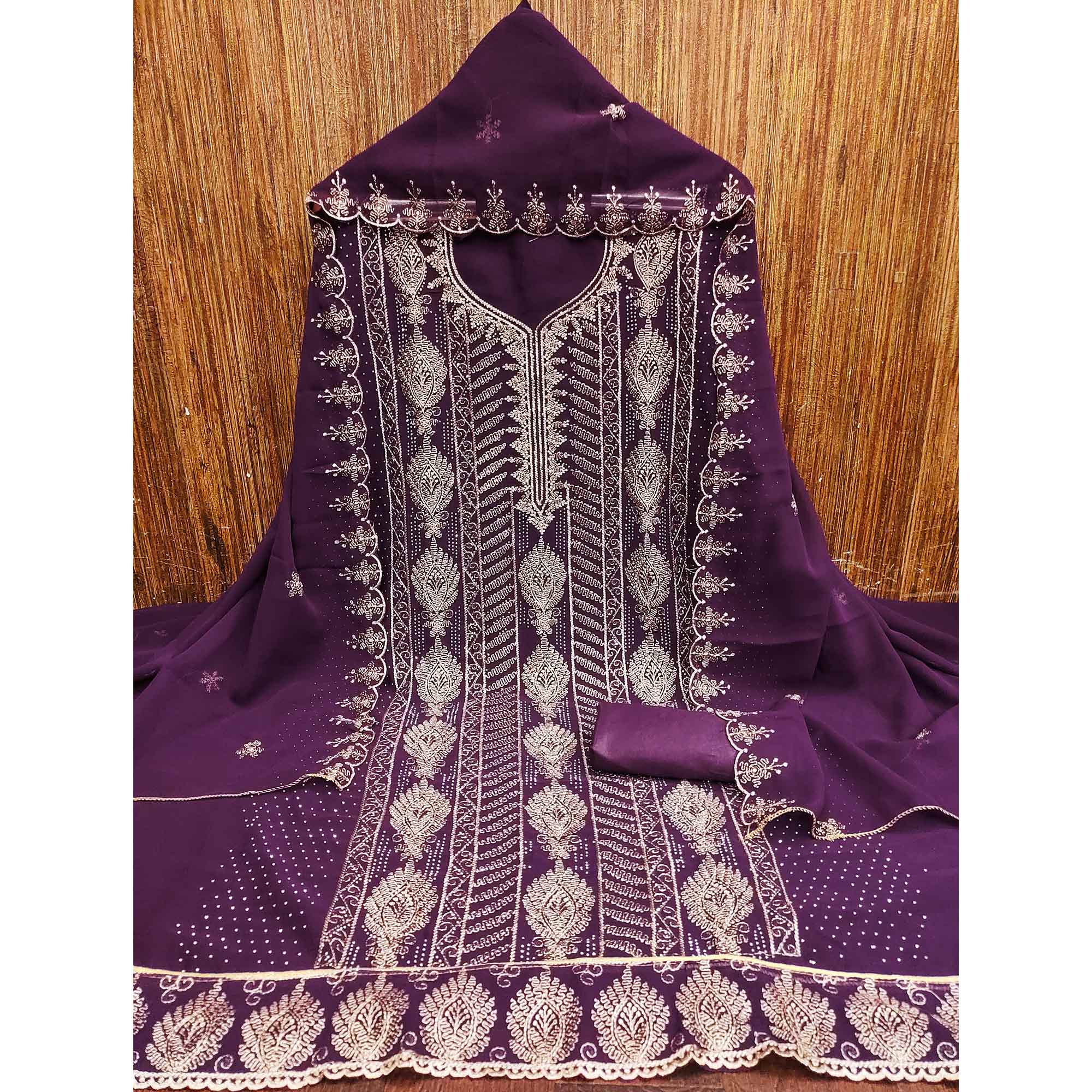Heavy Thread Embroidered Purple Georgette Unstitched Suit Material