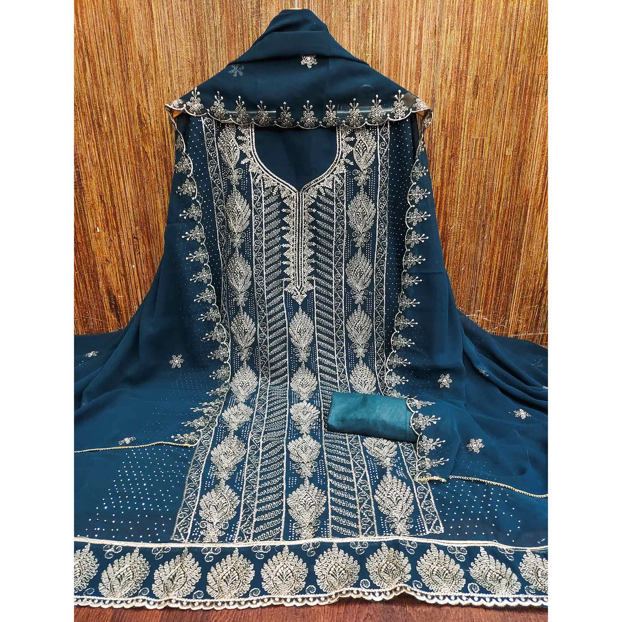 Heavy Thread Embroidered Teal Georgette Unstitched Suit Material