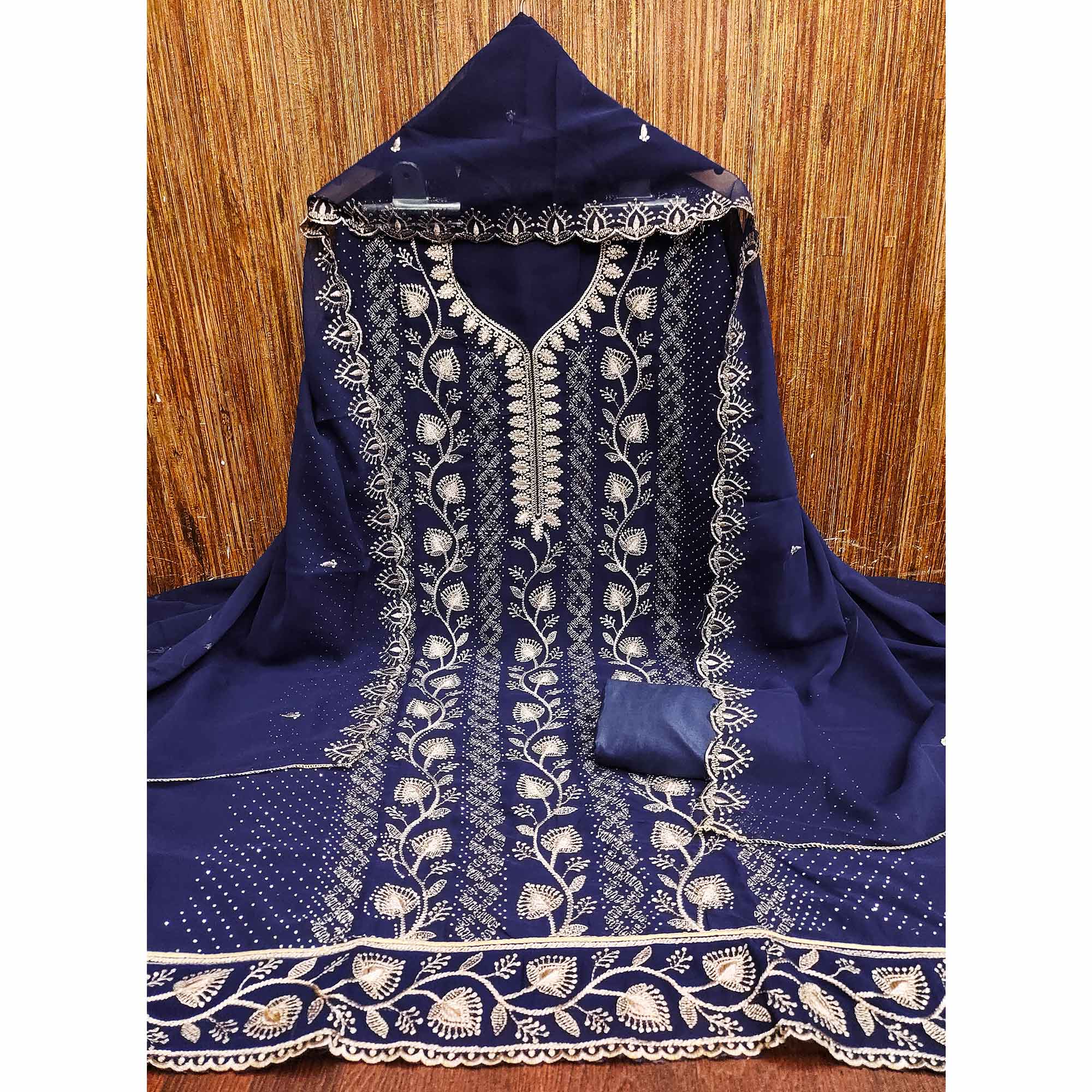 Blue Unstitched Georgette Suit Material Accented with Beautiful Thread Embroidery