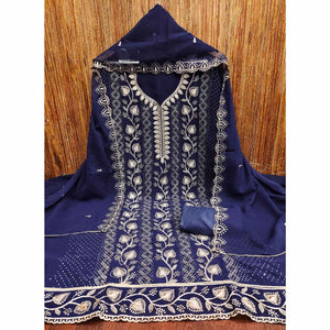 Blue Unstitched Georgette Suit Material Accented with Beautiful Thread Embroidery