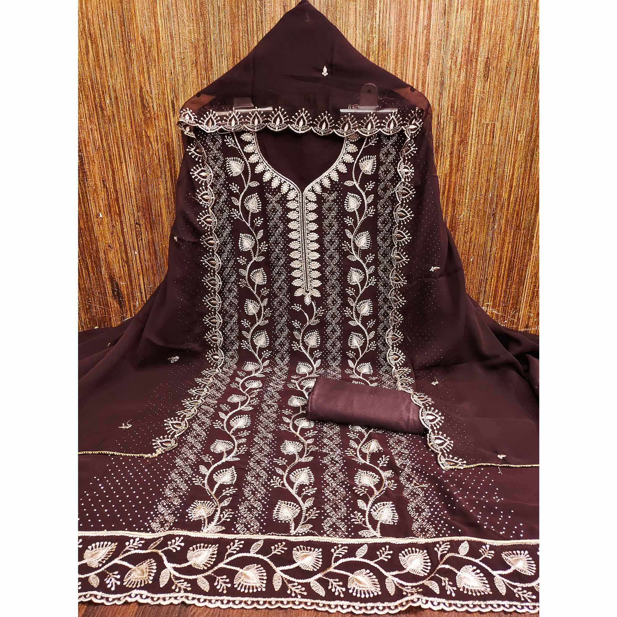 Brown Unstitched Georgette Suit Material Accented with Beautiful Thread Embroidery