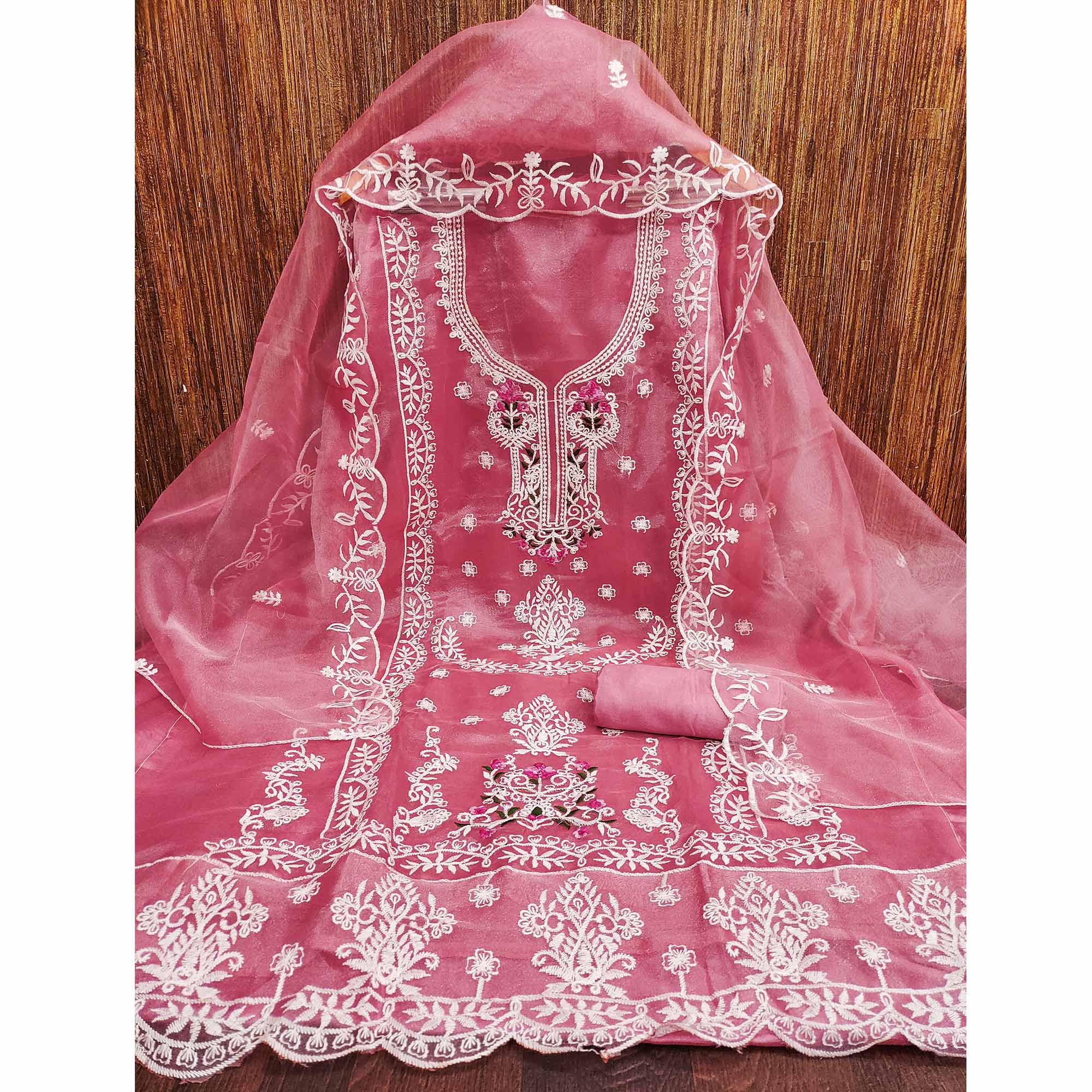 Lightweight Pink Organza Unstitched Suit Material with Intricate Floral Work