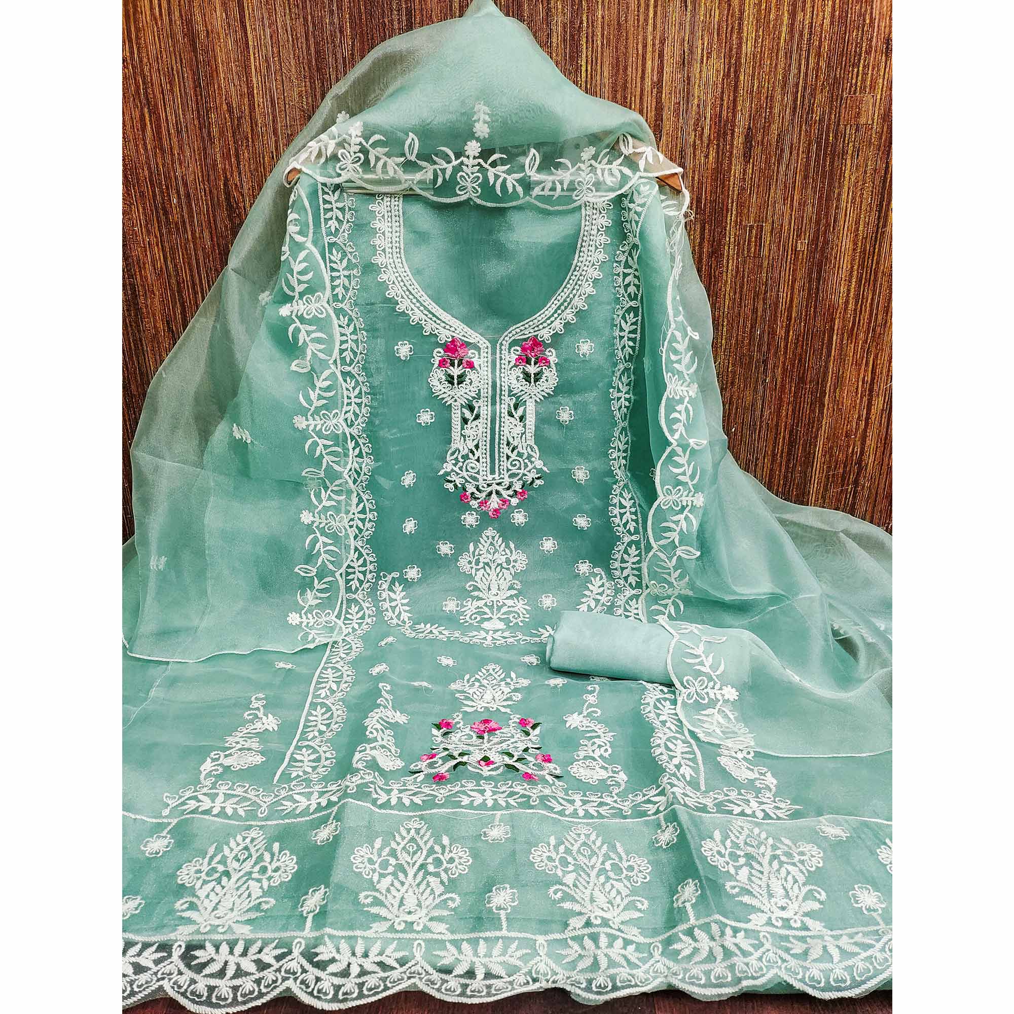 Lightweight Sea Green Organza Unstitched Suit Material with Intricate Floral Work