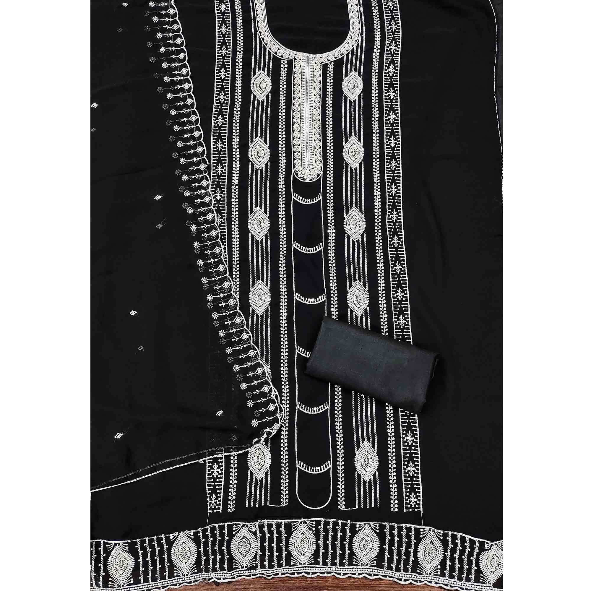 Black Star Georgette Suit Fabric Highlighted with Fine Thread Embroidery Work
