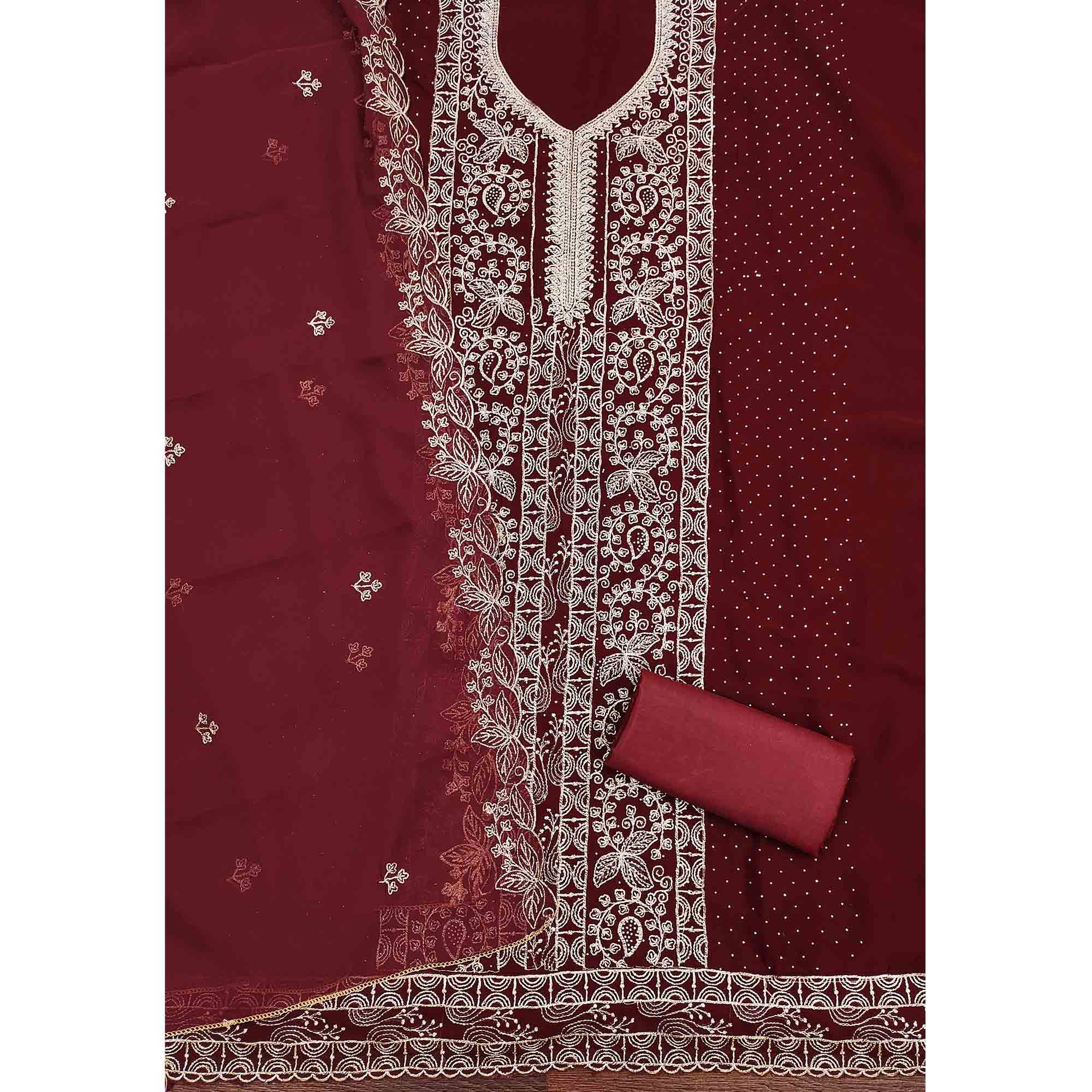 Maroon Star Georgette Unstitched Dress Material with Intricate Embroidery Work