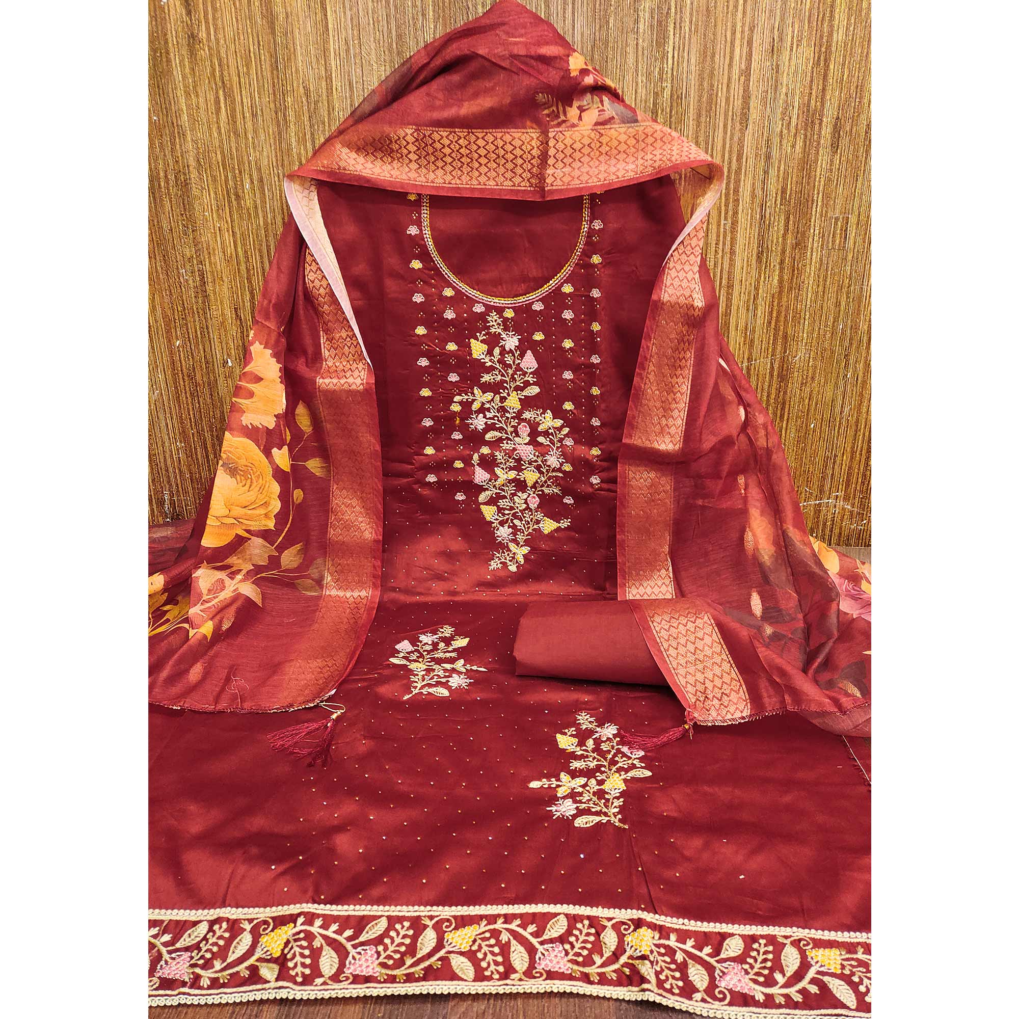 Soft Maroon Cotton Blend Unstitched Suit Material with Delicate Floral Embroidery