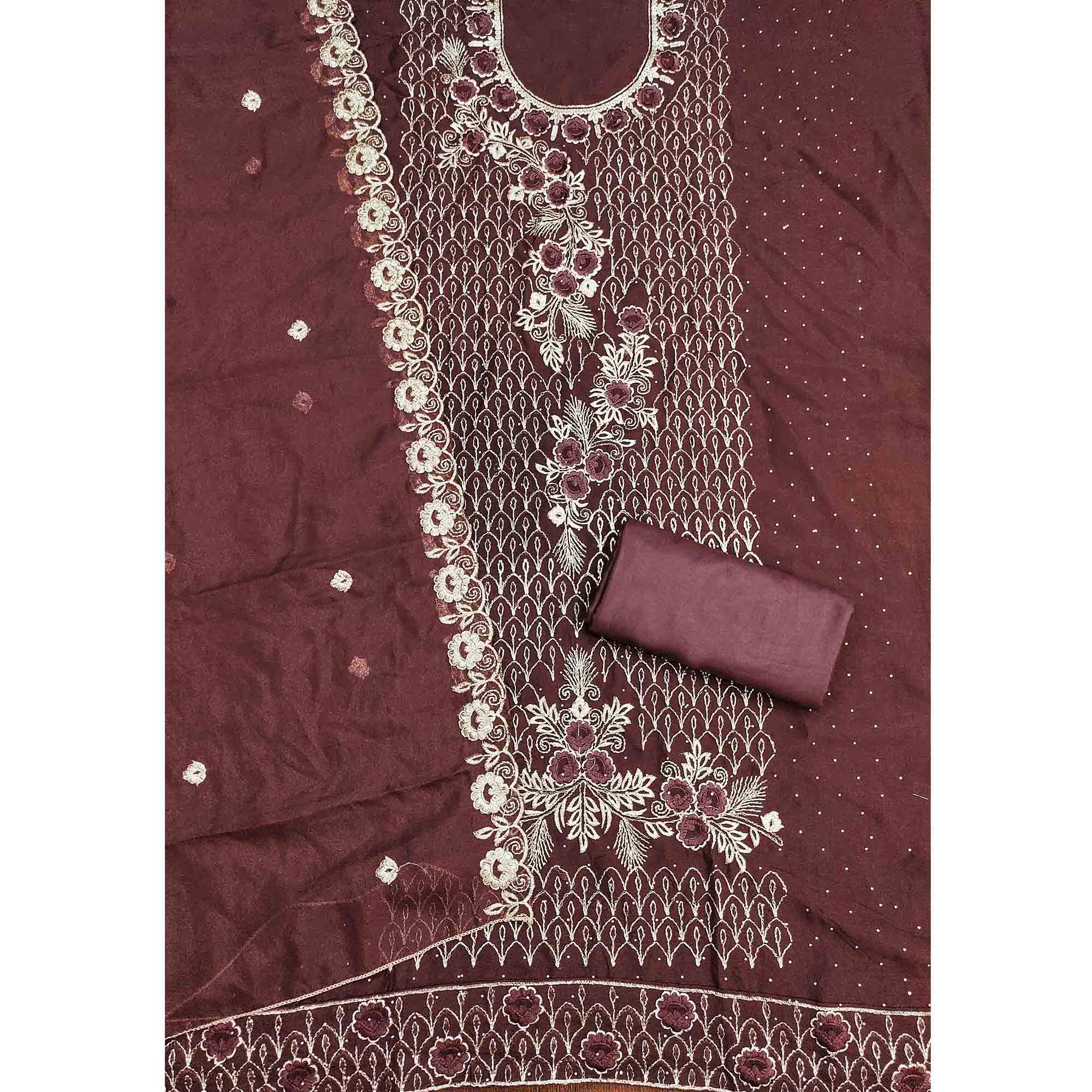 Brown Georgette Dress Material Decorated with Artistic Thread Embroidery Designs