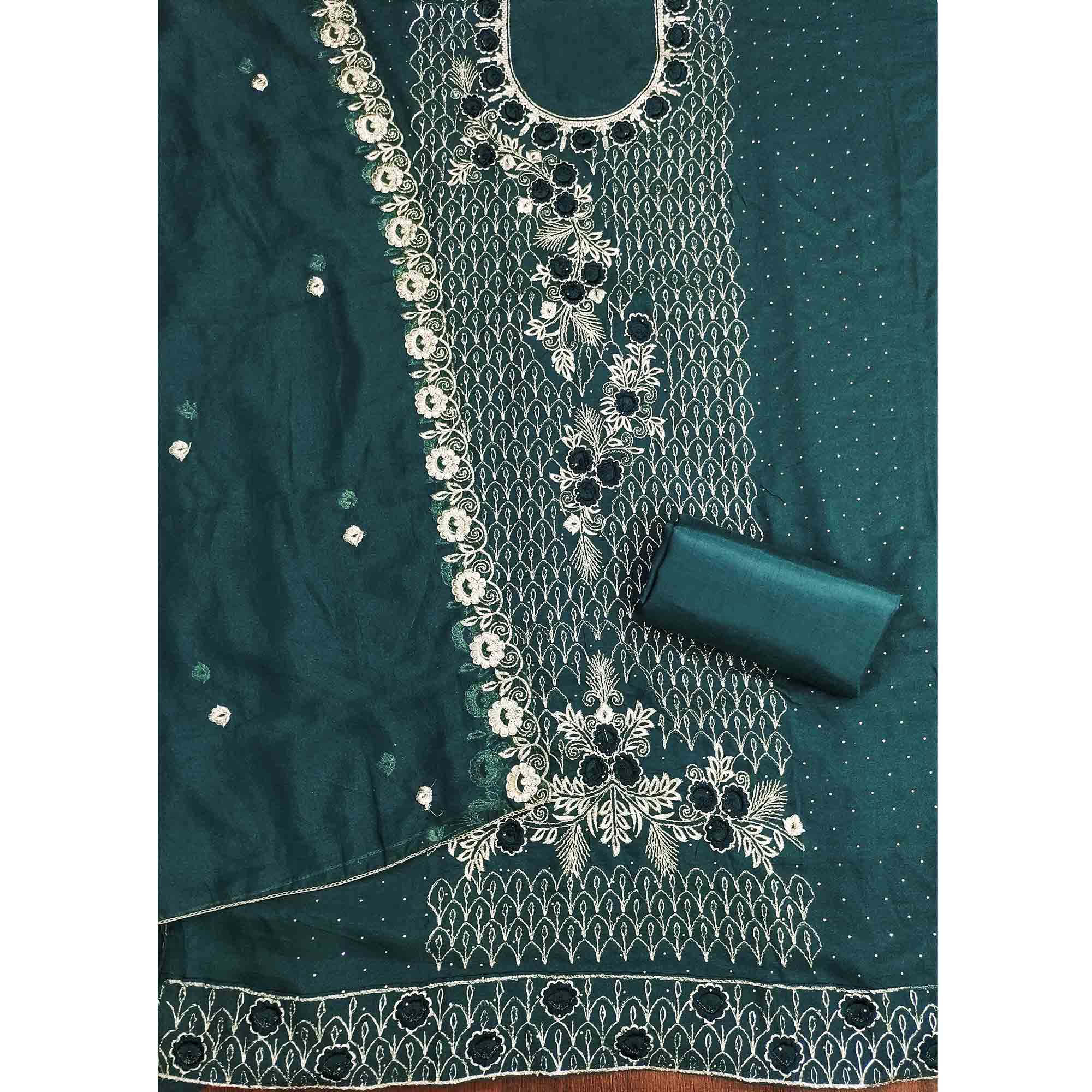Morpich Green Georgette Dress Material Decorated with Artistic Thread Embroidery Designs