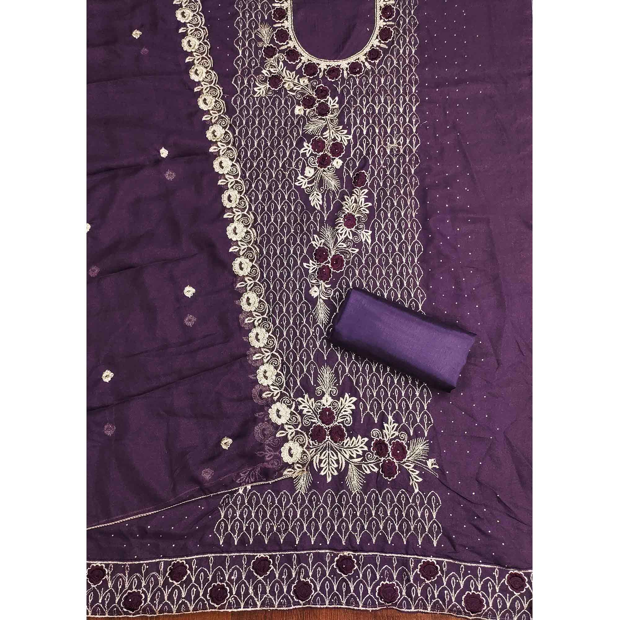 Purple Georgette Dress Material Decorated with Artistic Thread Embroidery Designs