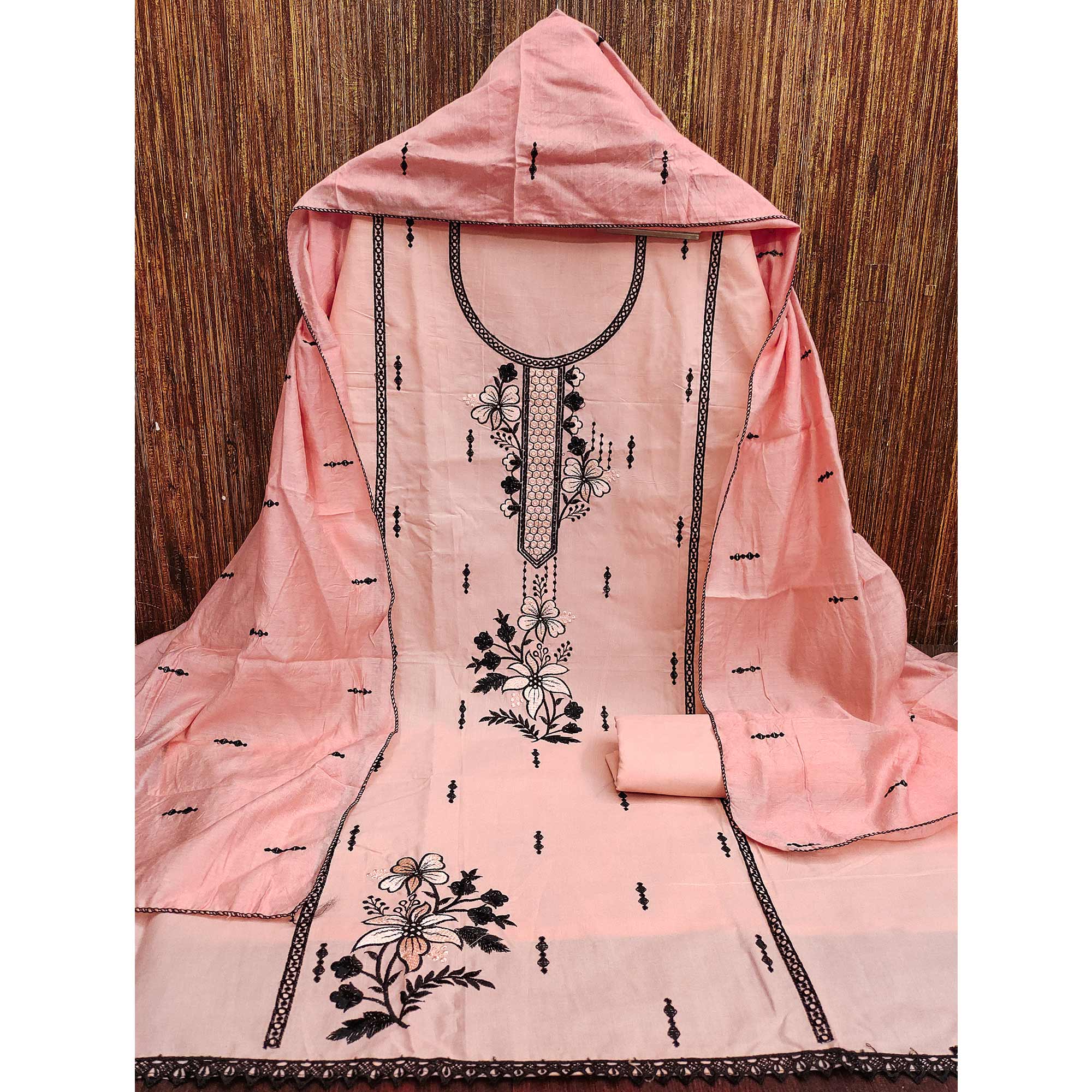 Elegant Peach Cotton Blend Dress Material with Delicate Thread Embroidered Detailing