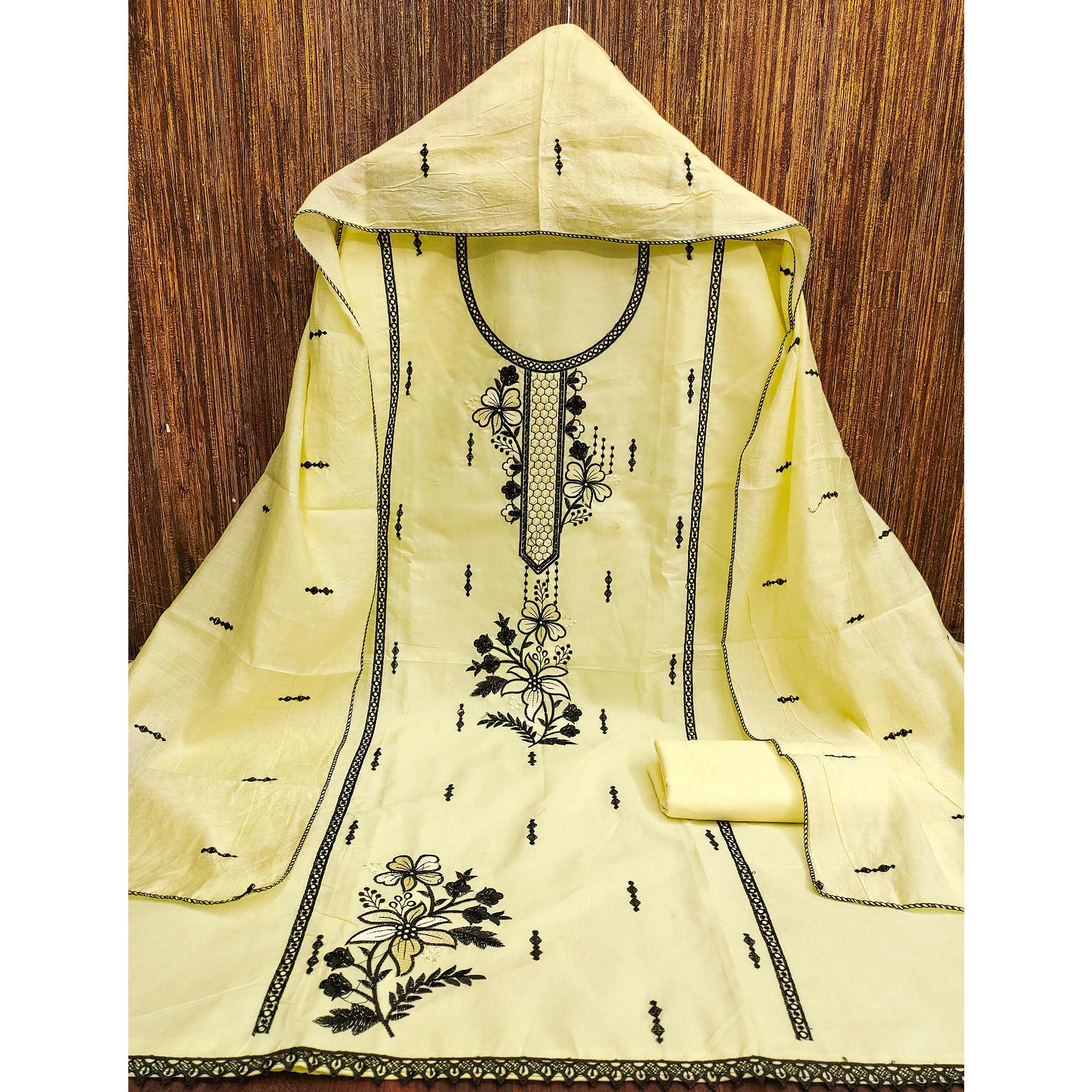 Elegant Yellow Cotton Blend Dress Material with Delicate Thread Embroidered Detailing