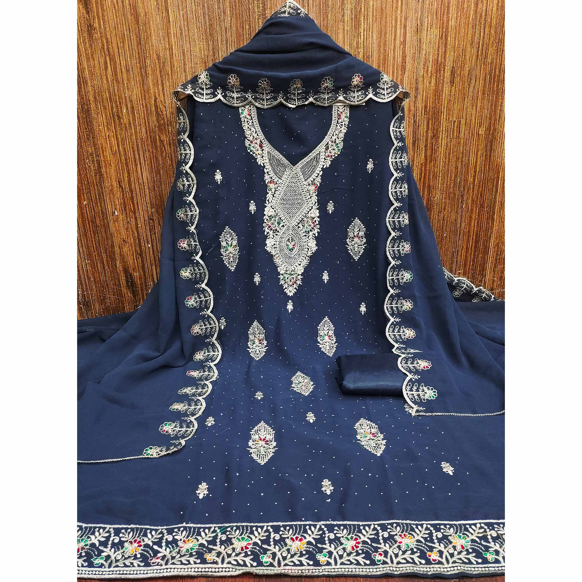 Blue Georgette Dress Material Adorned With Elegant Floral Embroidery & Shimmering Swarovski Work