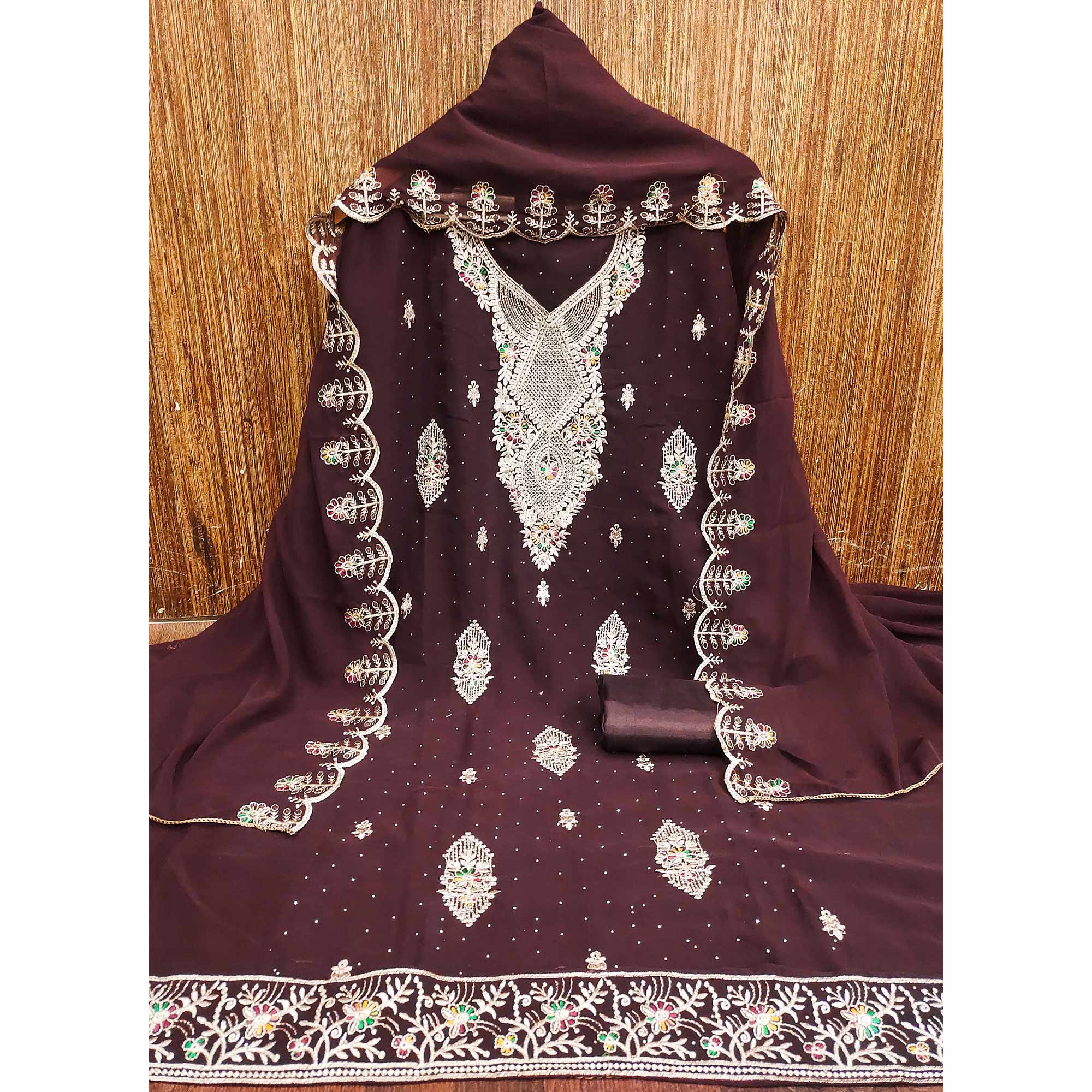 Brown Georgette Dress Material Adorned With Elegant Floral Embroidery & Shimmering Swarovski Work