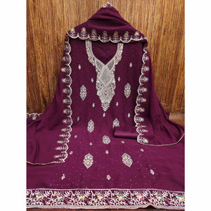 Wine Georgette Dress Material Adorned With Elegant Floral Embroidery & Shimmering Swarovski Work