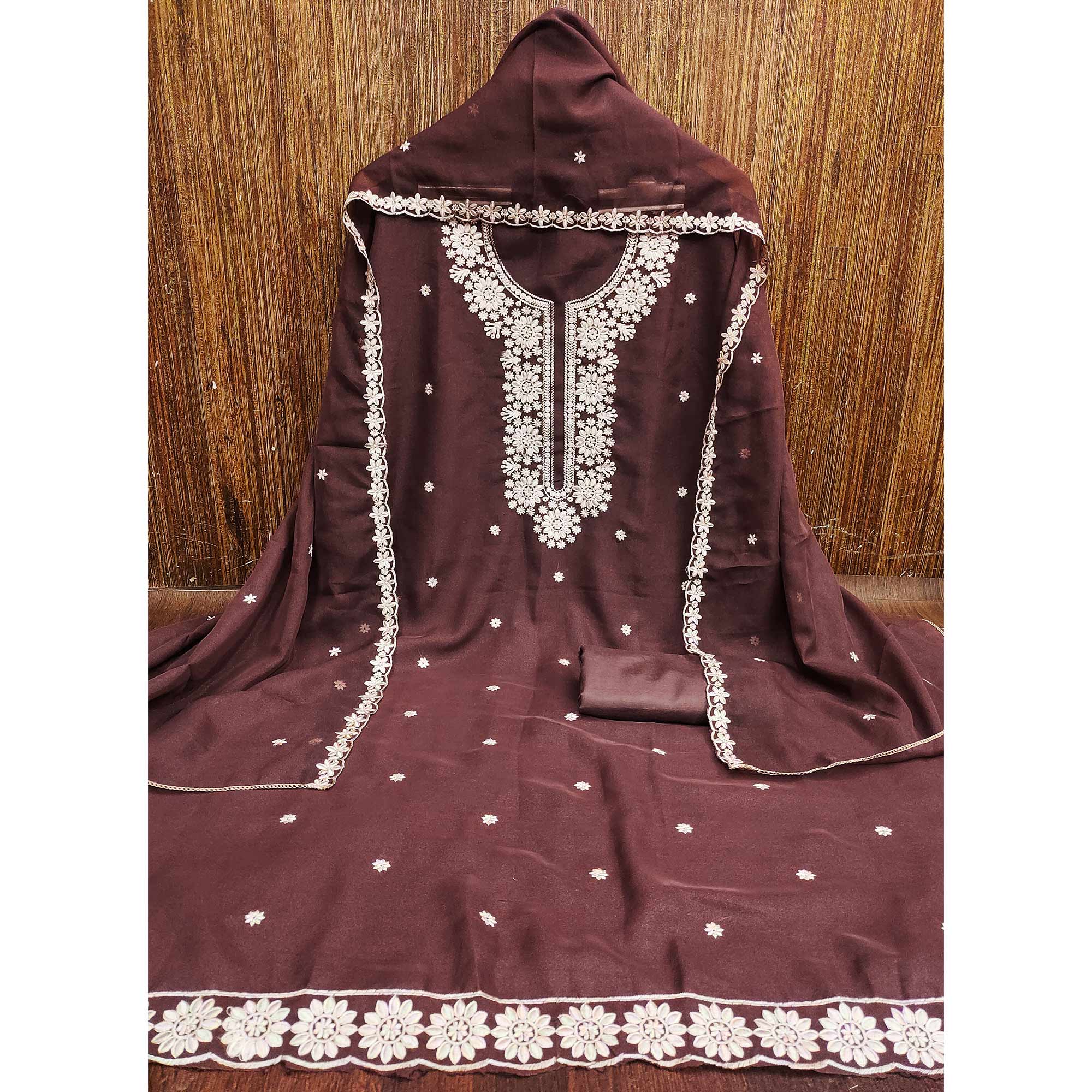 Chic Brown Floral Thread Embroidered Star Georgette Unstitched Suit Fabric