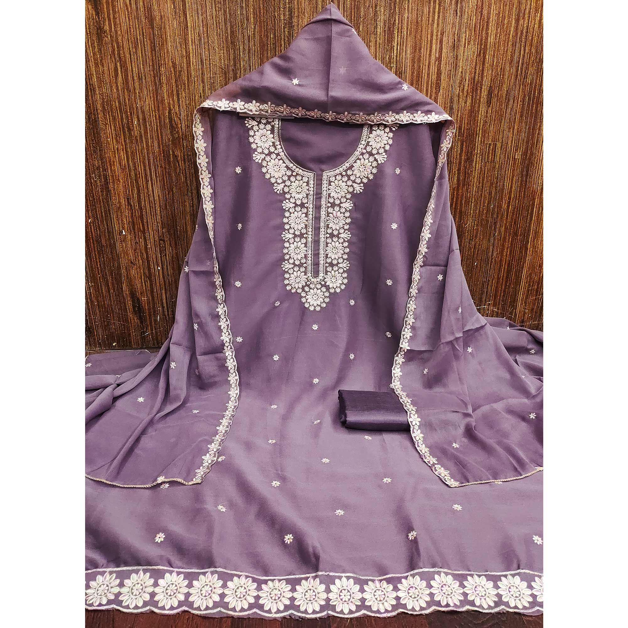 Chic Lavender Floral Thread Embroidered Star Georgette Unstitched Suit Fabric