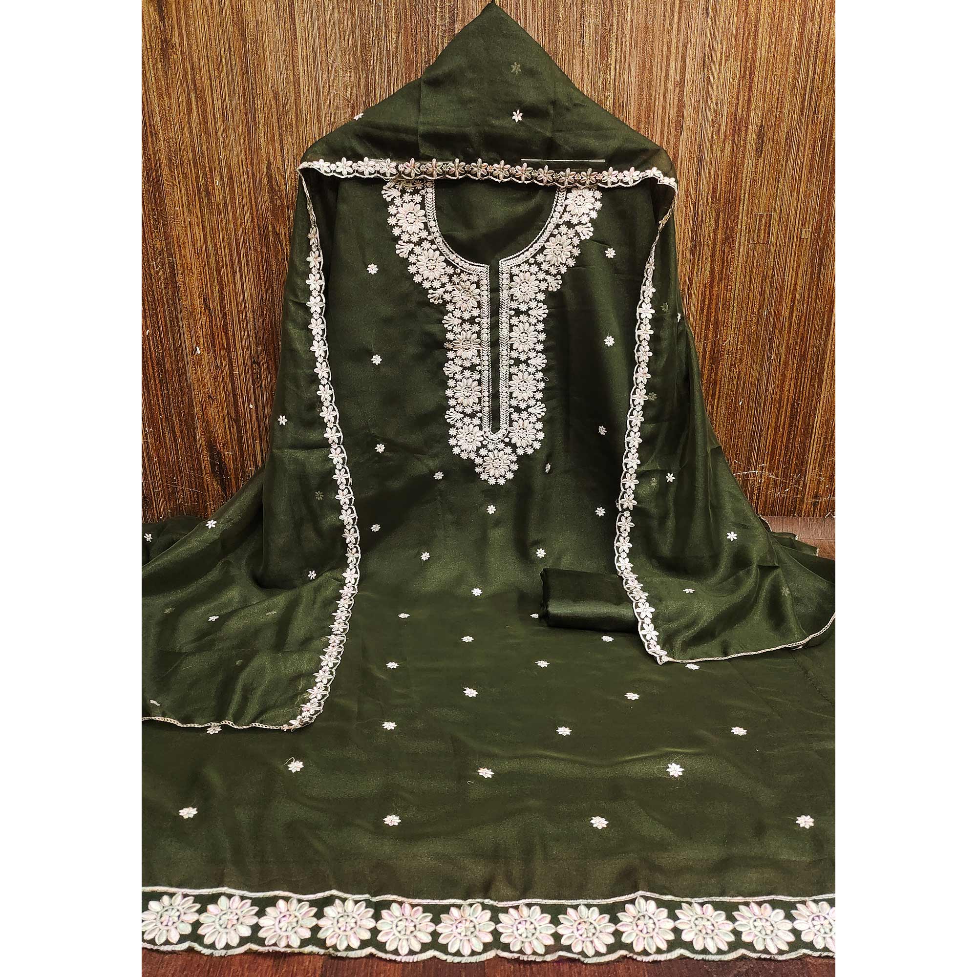 Chic Mehendi Green Floral Thread Embroidered Star Georgette Unstitched Suit Fabric