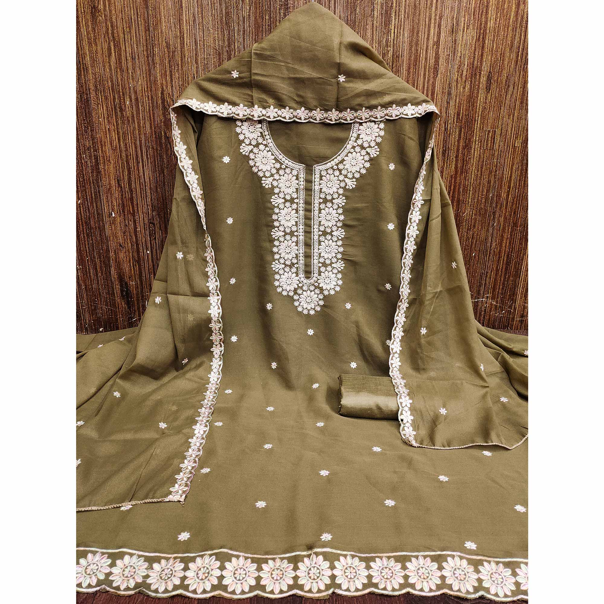 Chic Olive Floral Thread Embroidered Star Georgette Unstitched Suit Fabric