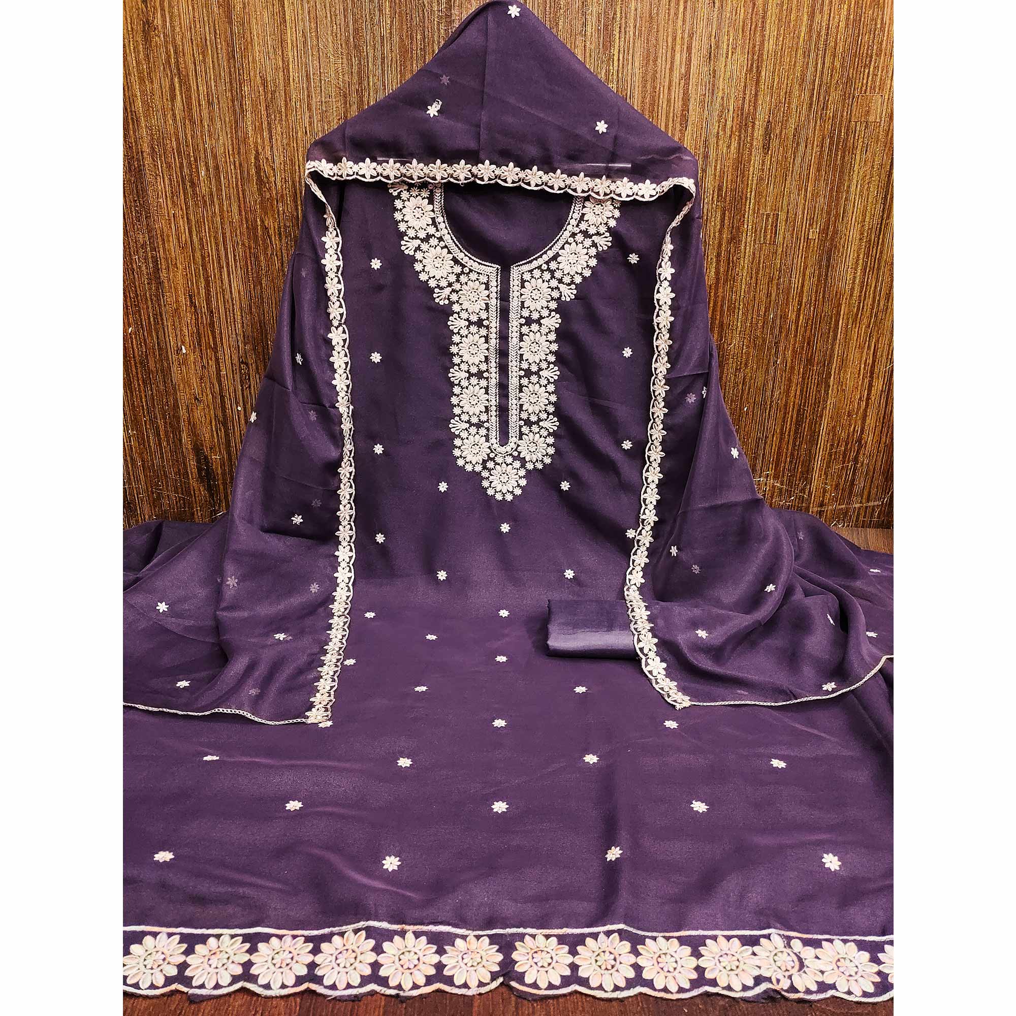 Chic Purple Floral Thread Embroidered Star Georgette Unstitched Suit Fabric