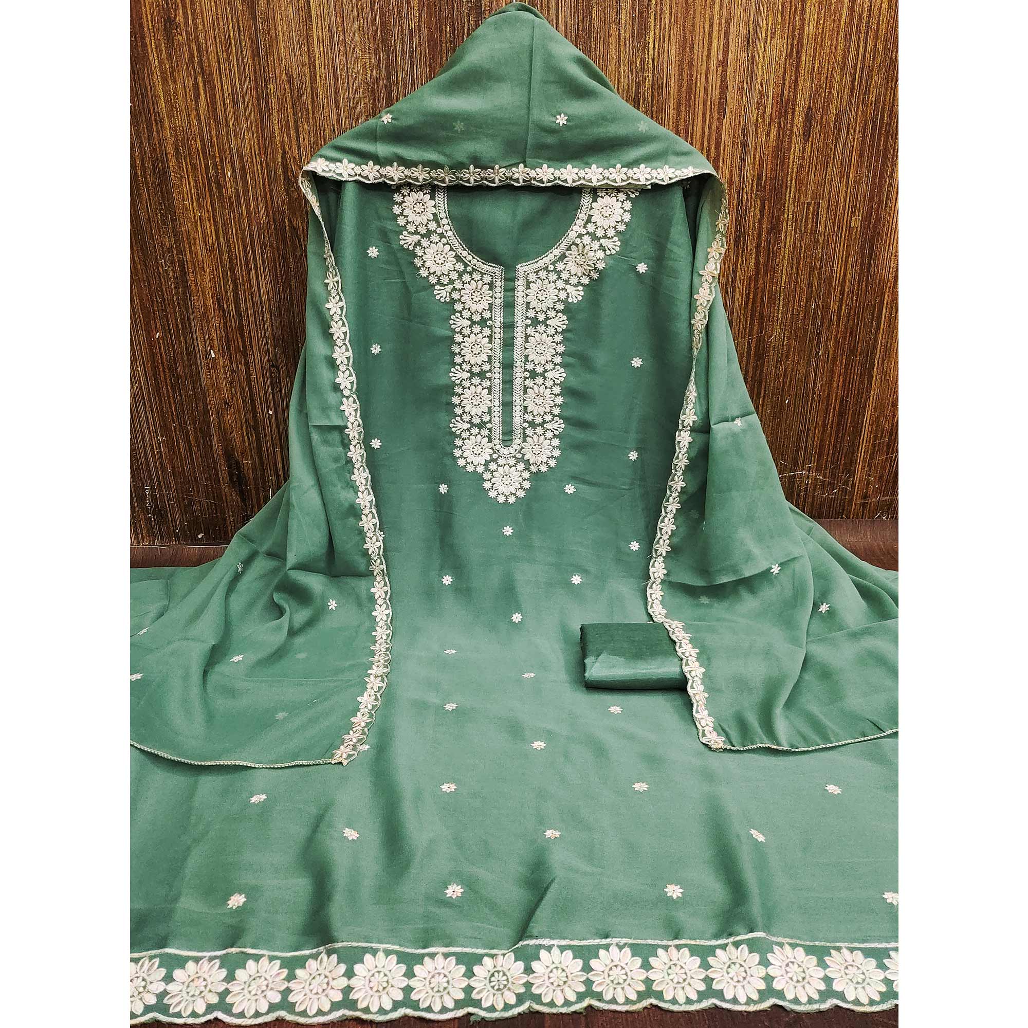 Chic Sea Green Floral Thread Embroidered Star Georgette Unstitched Suit Fabric