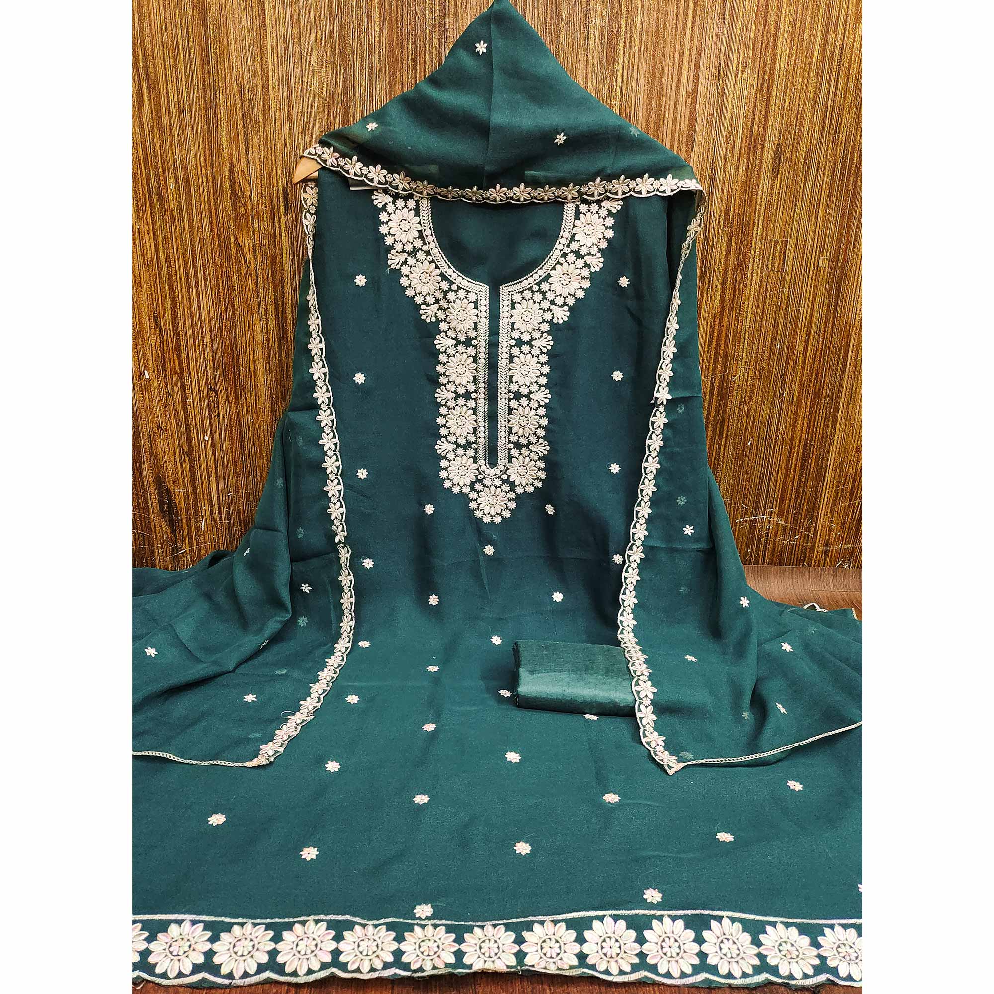Chic Teal Floral Thread Embroidered Star Georgette Unstitched Suit Fabric