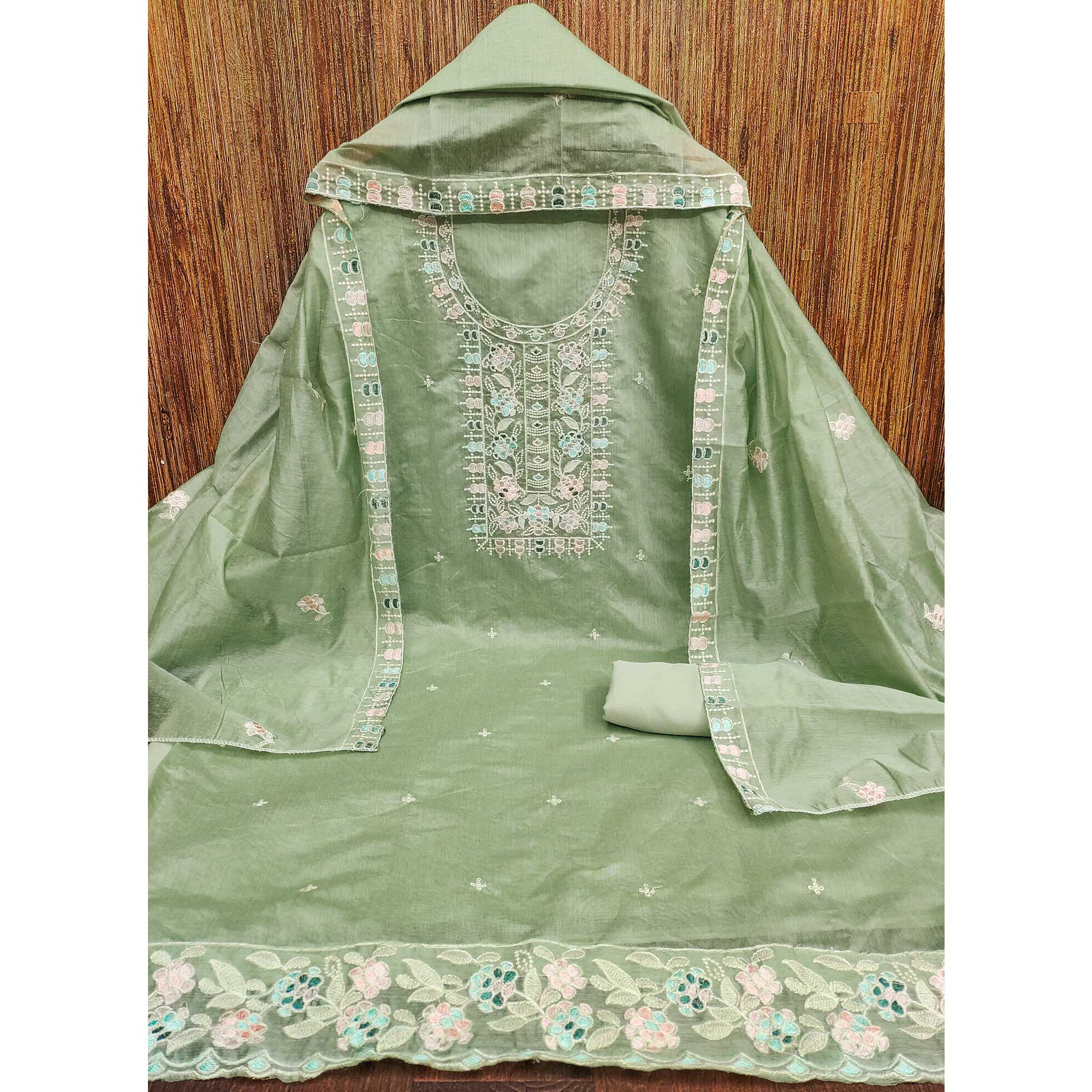 Green Unstitched Suit Material in Premium Floral Thread Embroidered Chanderi Silk