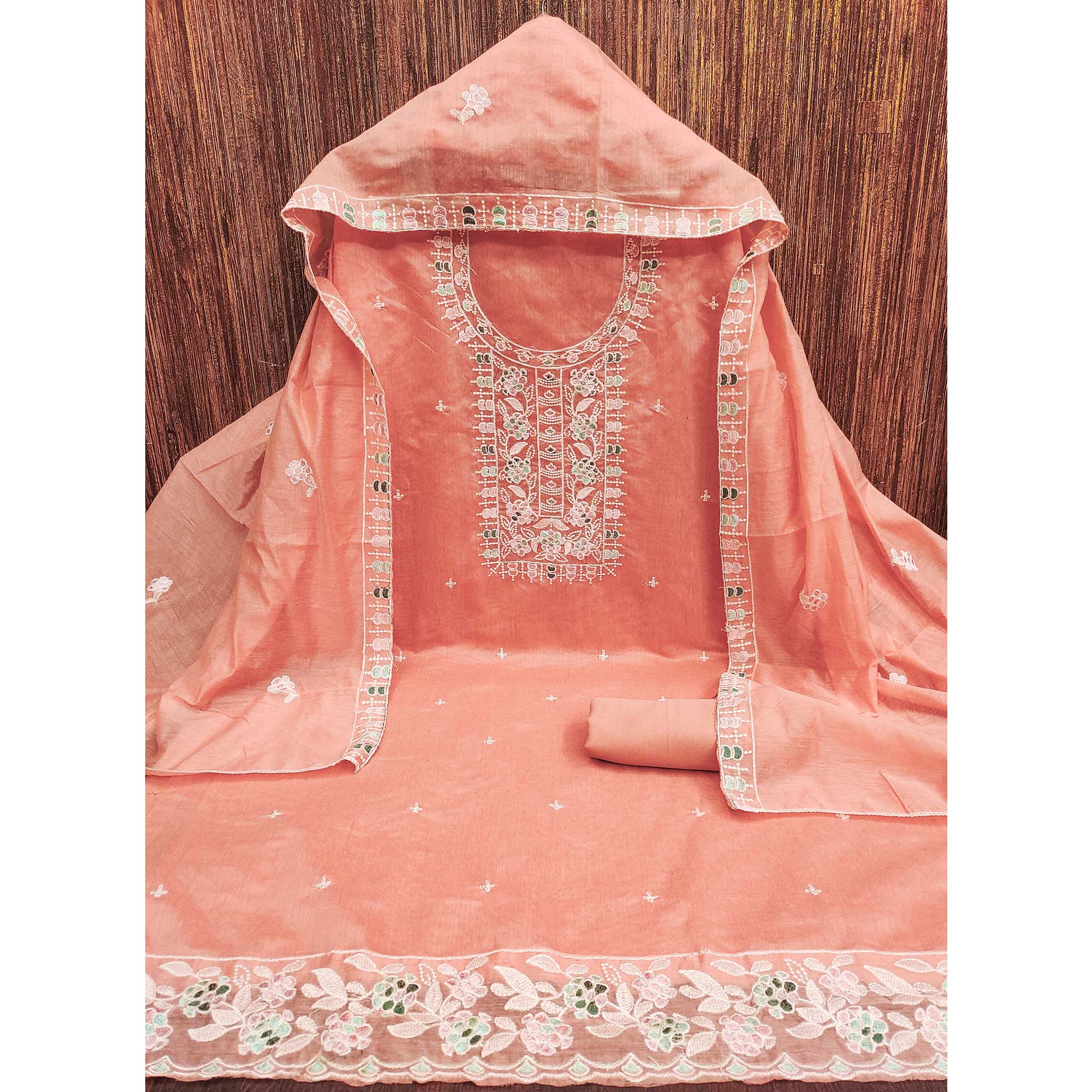 Peach Unstitched Suit Material in Premium Floral Thread Embroidered Chanderi Silk