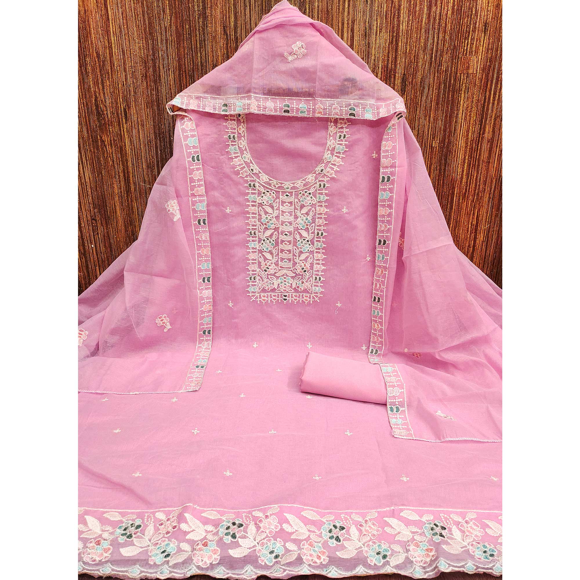 Pink Unstitched Suit Material in Premium Floral Thread Embroidered Chanderi Silk