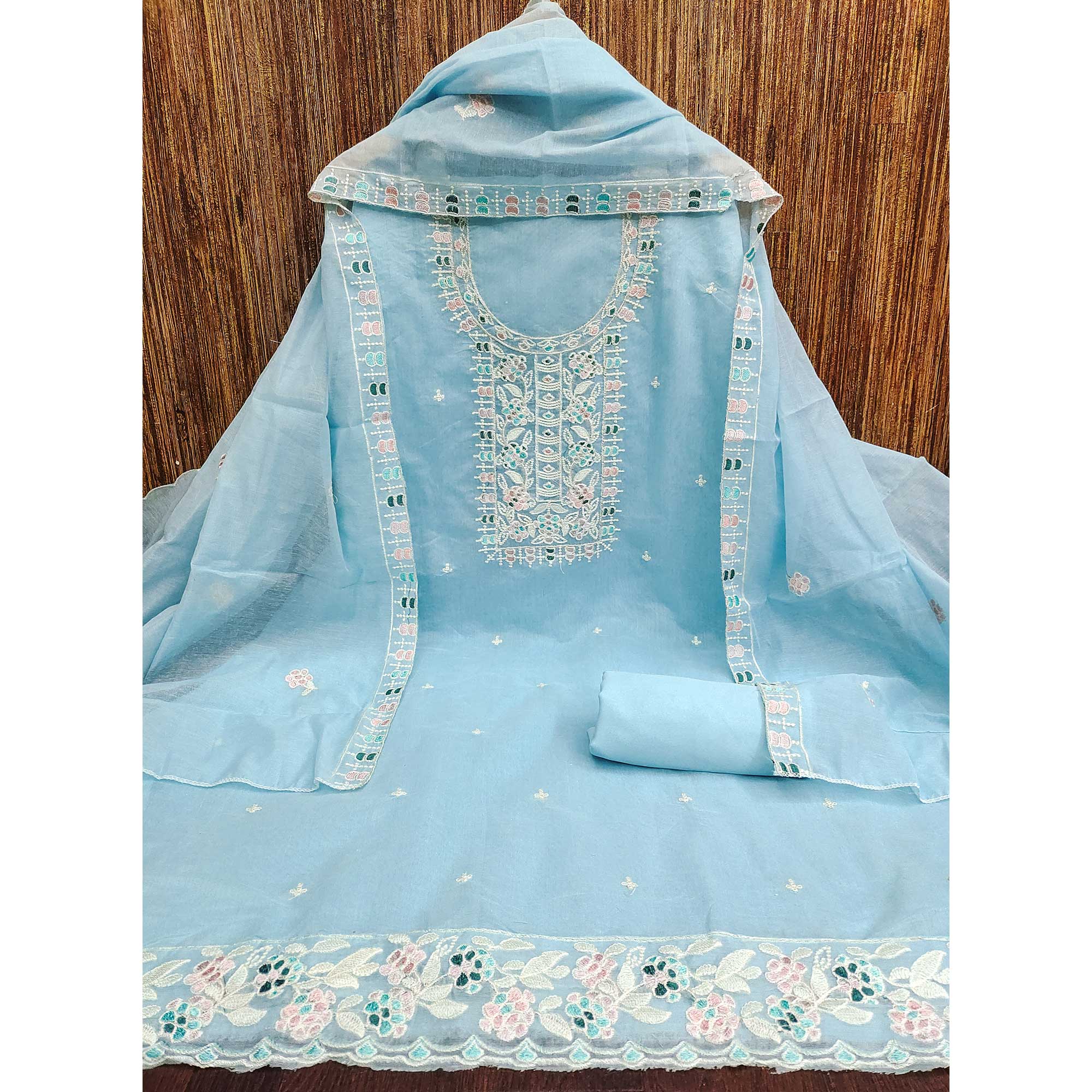Sky Blue Unstitched Suit Material in Premium Floral Thread Embroidered Chanderi Silk