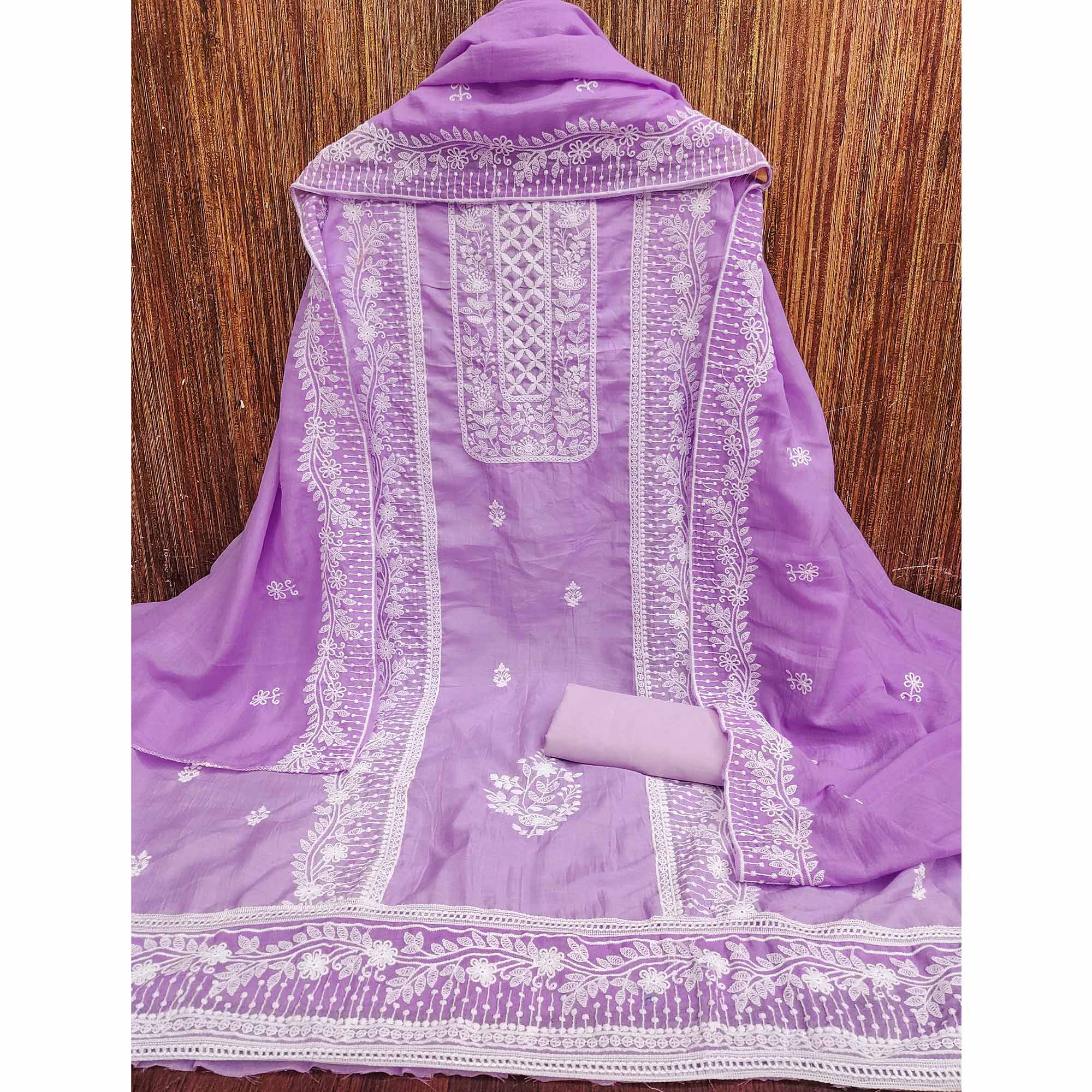 Lavender Unstitched Suit Material in Luxurious Cotton Silk with Exquisite Floral Embroidery