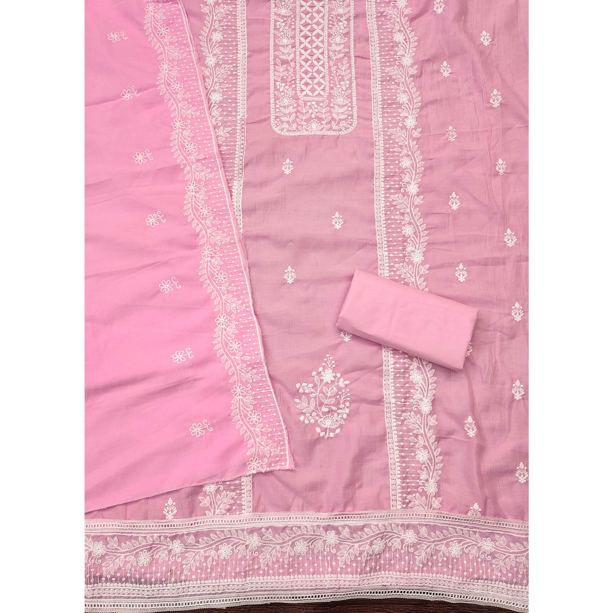 Light Pink Unstitched Suit Material in Luxurious Cotton Silk with Exquisite Floral Embroidery