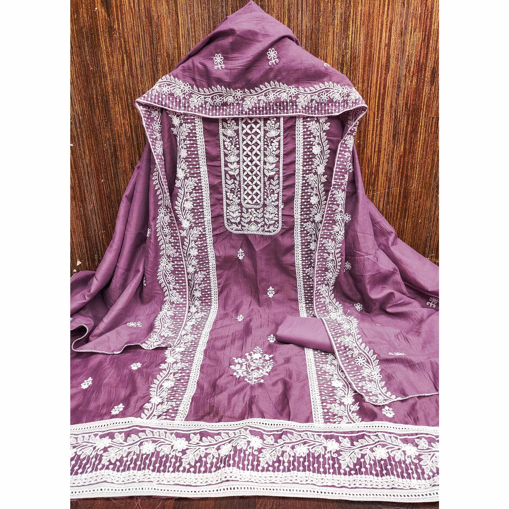 Mauve Unstitched Suit Material in Luxurious Cotton Silk with Exquisite Floral Embroidery