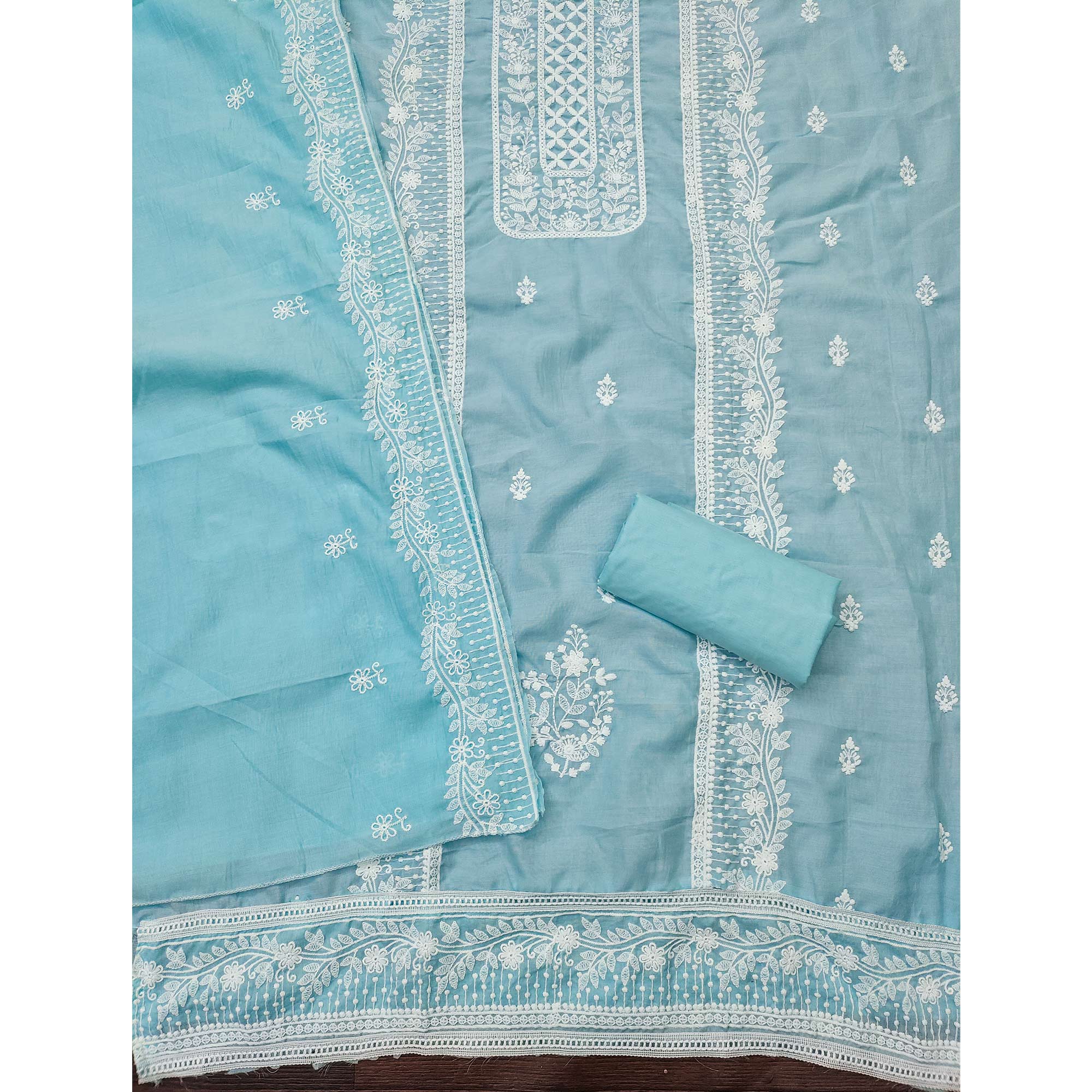 Sky Blue Unstitched Suit Material in Luxurious Cotton Silk with Exquisite Floral Embroidery