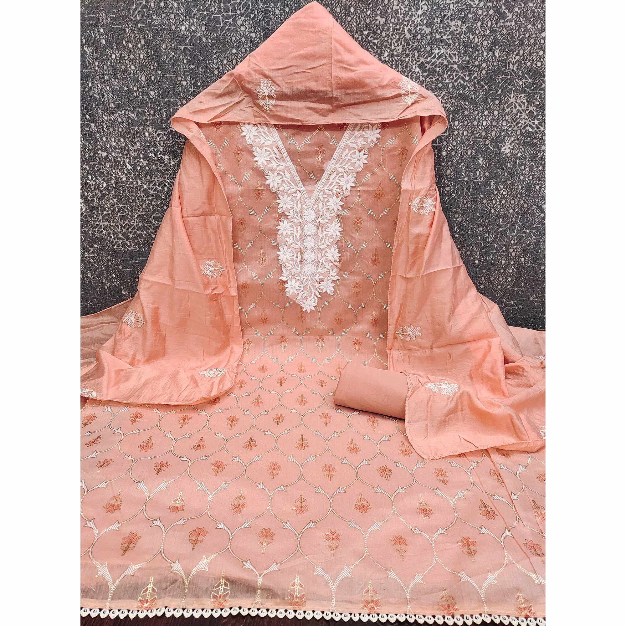 Feminine Peach Floral Thread Work Chanderi Silk Fabric for Traditional & Festive Outfits