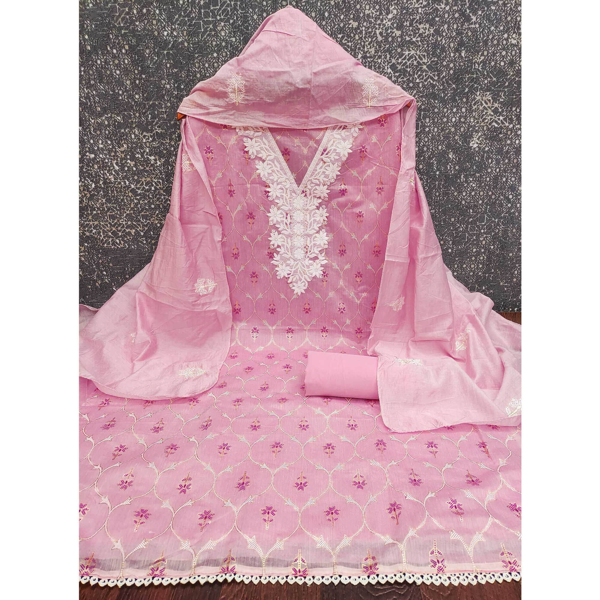 Feminine Pink Floral Thread Work Chanderi Silk Fabric for Traditional & Festive Outfits