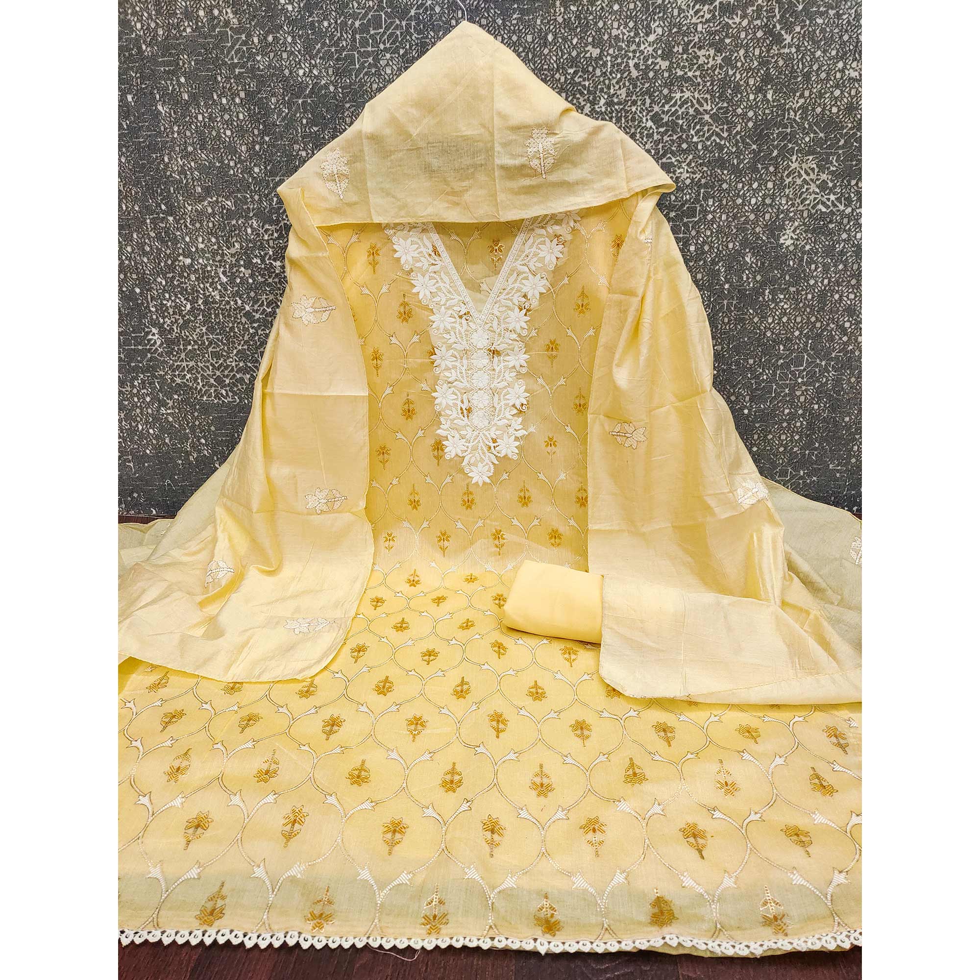 Feminine Yellow Floral Thread Work Chanderi Silk Fabric for Traditional & Festive Outfits