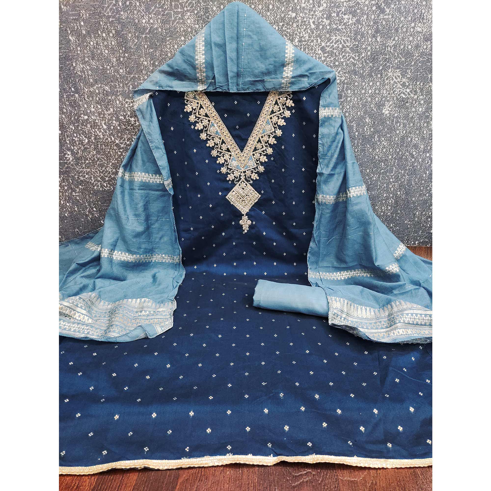 Festive Blue Chanderi Silk Suit Material with Detailed Zari Weaving and Hand Embroidery